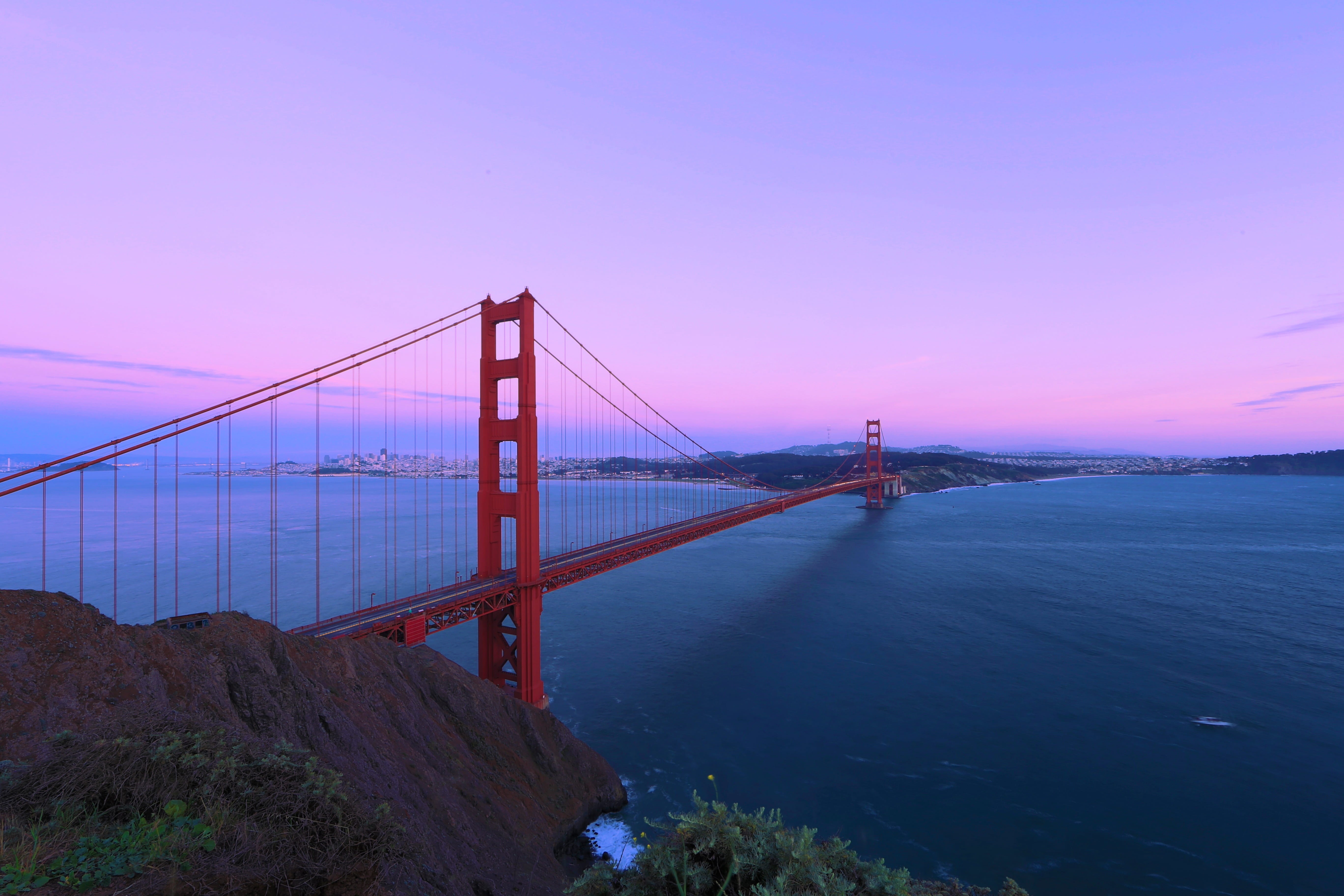 beauty in nature, francisco, bay of water, sky, bridge, tourism, architecture, 5K, bay, nature, dusk, outdoors, san Francisco - California, built structure, HD Wallpaper