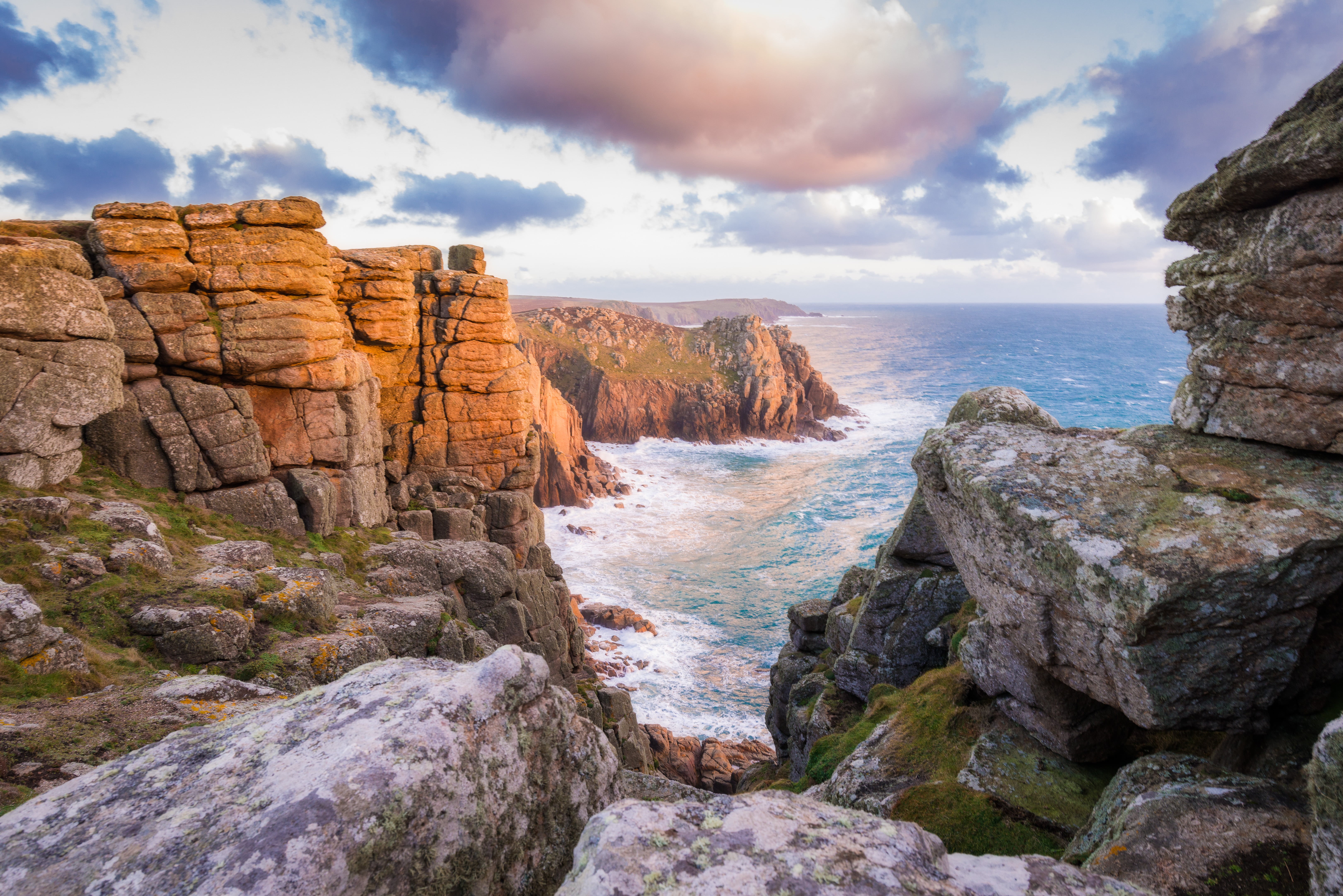 outdoors, atlantic Ocean, coastline, Lands End, UK, beach, rocks, sea  waves, 5K, sky, victoria - Australia, Coast, panoramic, Nikon D800E, sea, landscape, HD Wallpaper