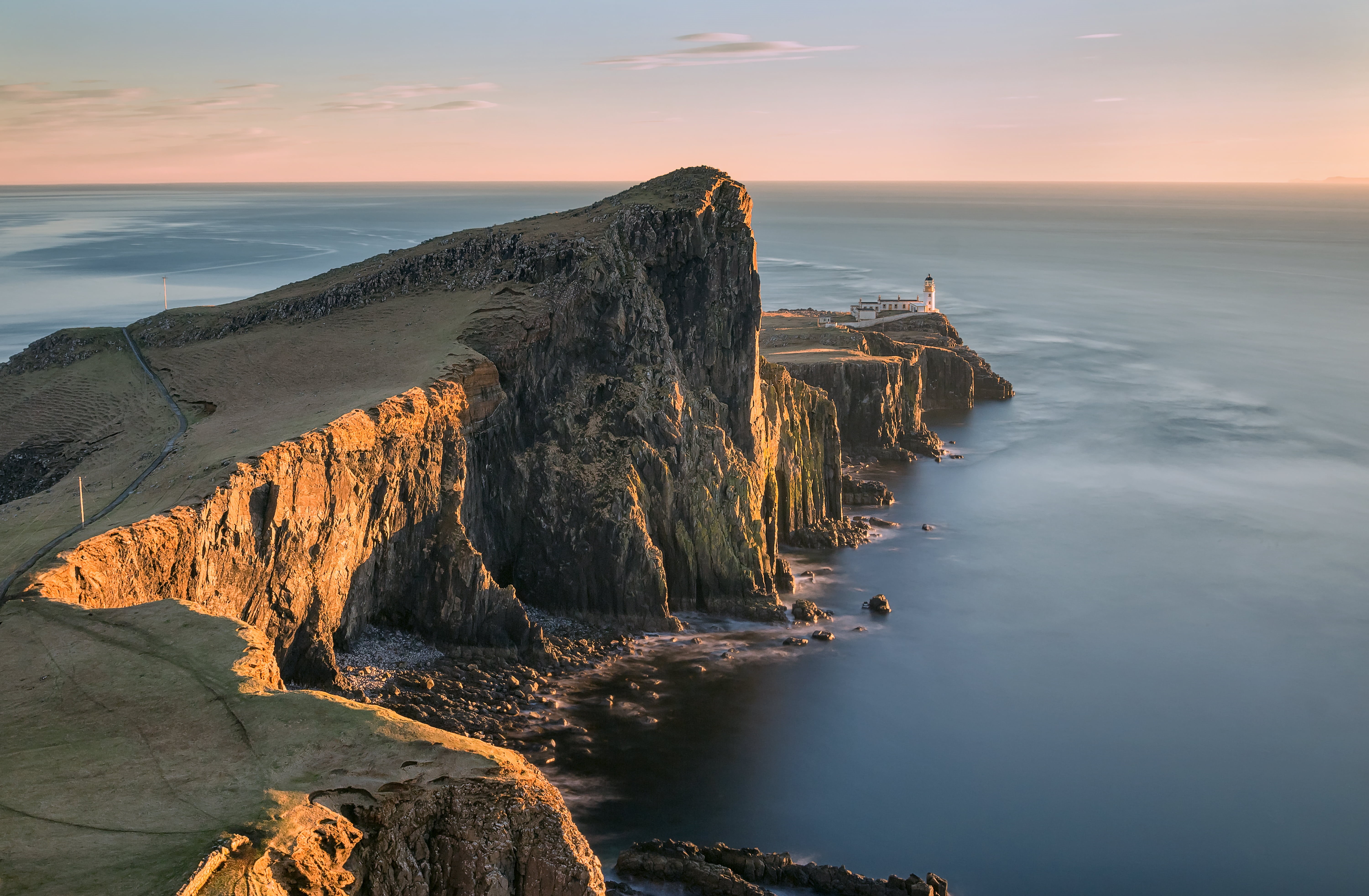 cliff, scenics, nature, sea, Isle of Skye, beach, outdoors, sky, water, brown, coastline, body of water, blue, atlantic Ocean, 5K, point, Landscape, Sunset, HD Wallpaper