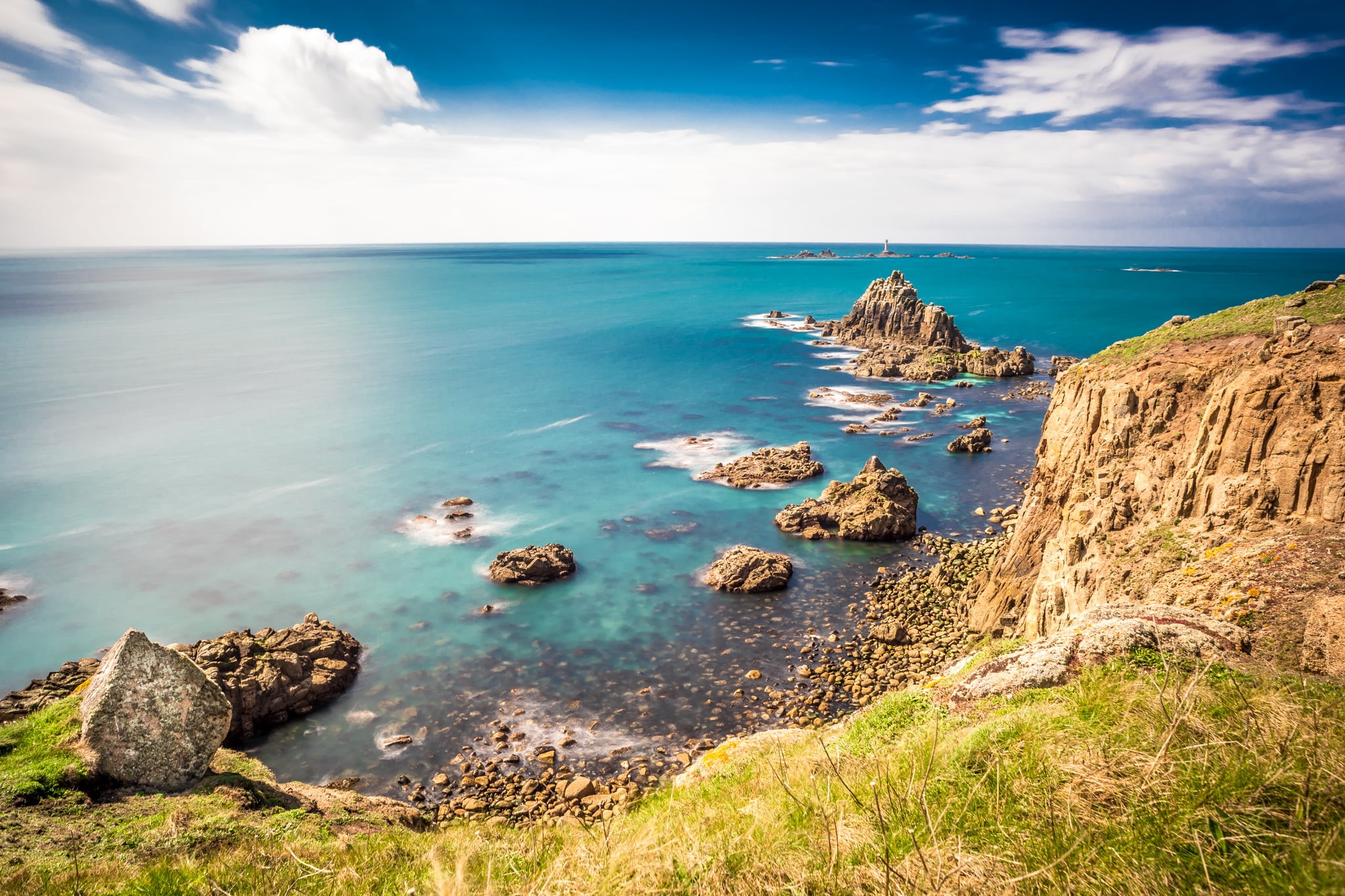 landscape, rocks, Cornwall, summer, clouds, coastline, nature, angle, beach, grass  green, sony a7, 1080P, scenics, rock - Object, United Kingdom, Lands end, HD Wallpaper