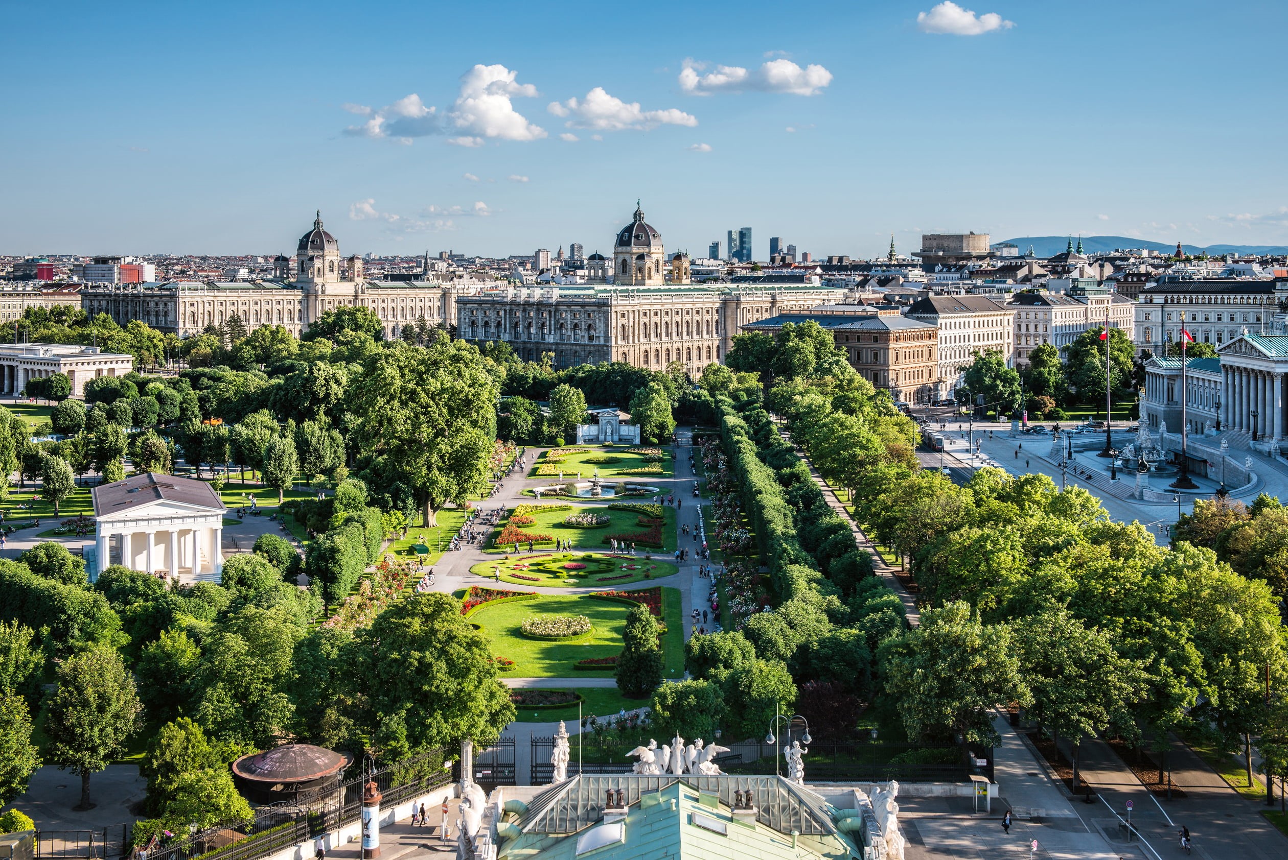 travel, travel Destinations, palace, austria, outdoors, no people, city, vienna, sunlight, green, building, panoramic, capital, history, blue, europe, day, HD Wallpaper