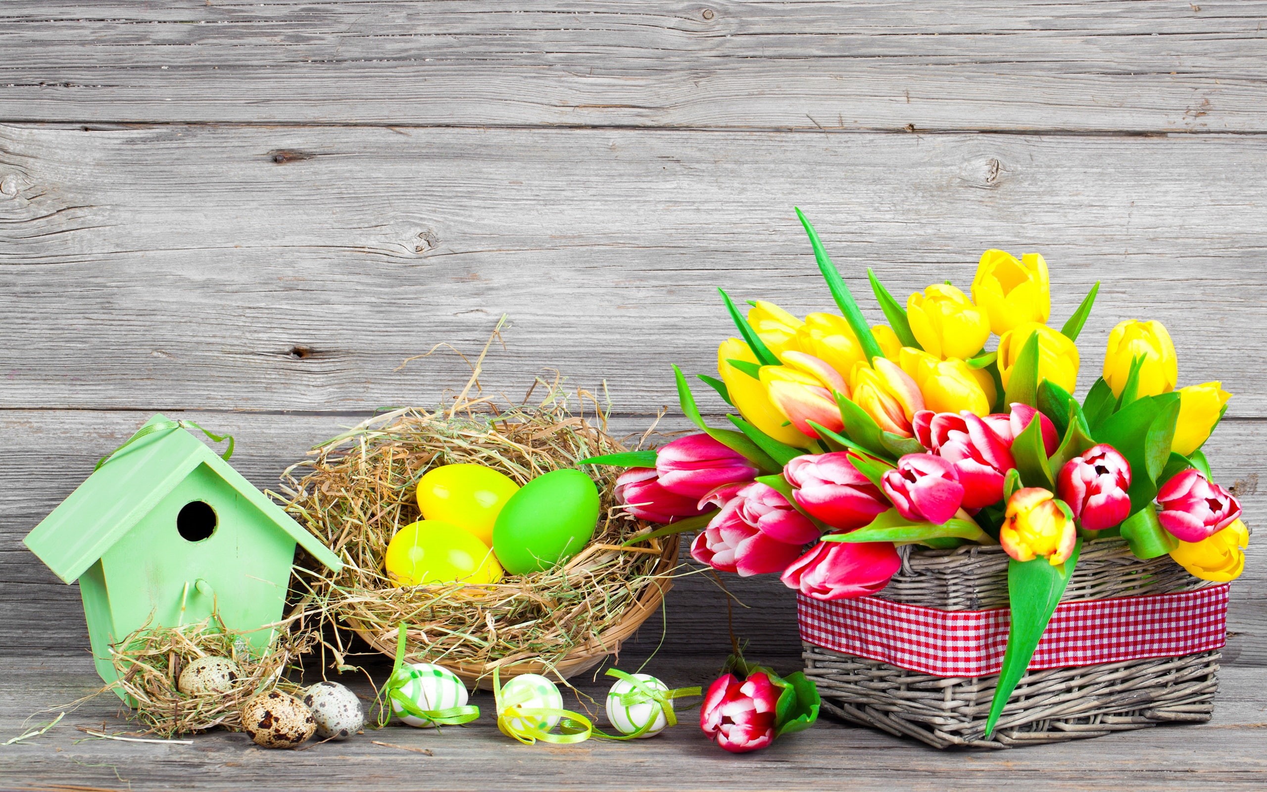 Spring, Tulips, Eggs, Yellow, Colorful, Easter, Red, Flowers, 2K, HD Wallpaper