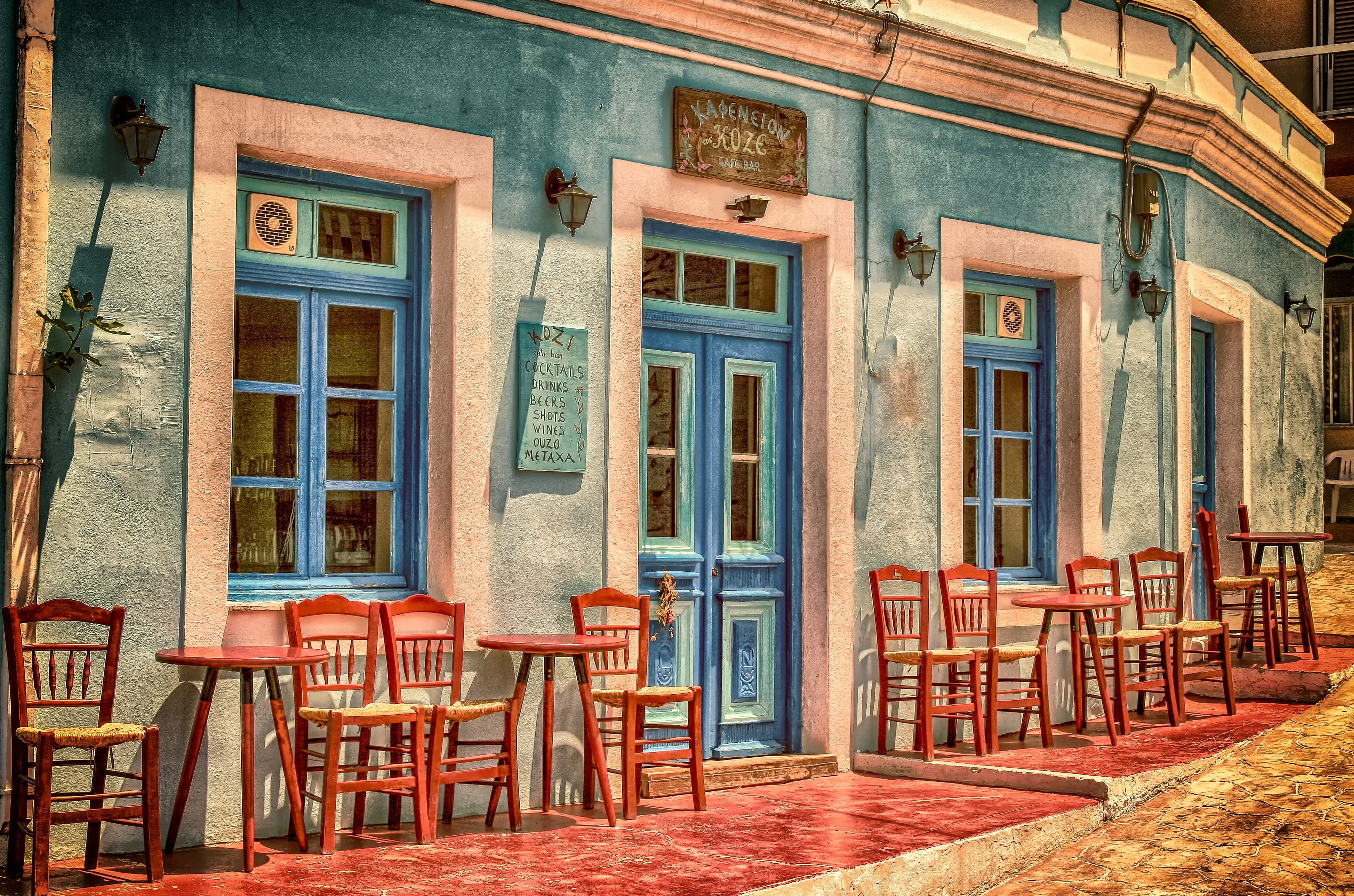 empty, window, rest, travel, built structure, front, 2K, wooden door, eat, chair, no people, absence, residential district, wood - material, hot, drink, HD Wallpaper