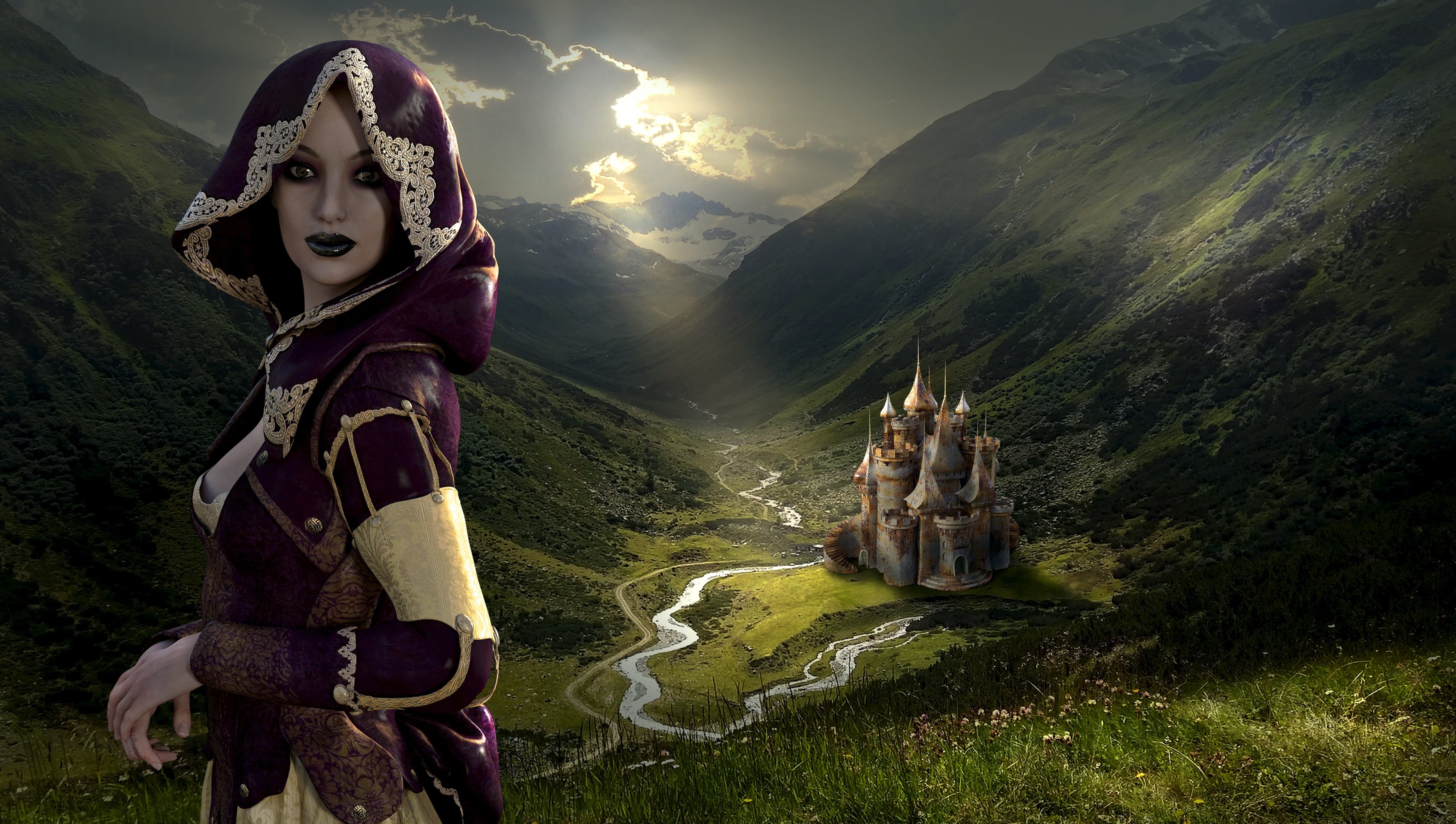 mountain range, land, mountains, scenics - nature, light, fantasy, outlook, horizon, sky, spirituality, atmosphere, view, medieval, background, beige, dress, HD Wallpaper