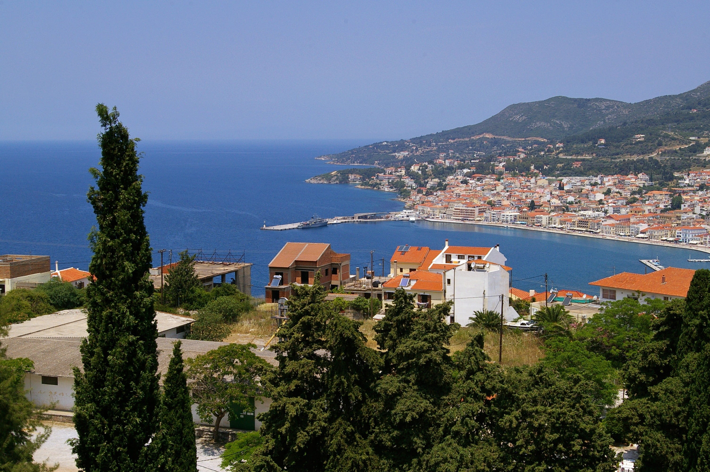 horizon over water, outlook, view, architecture, high angle view, built structure, travel destinations, building exterior, 2K, mediterranean, samos, water, HD Wallpaper