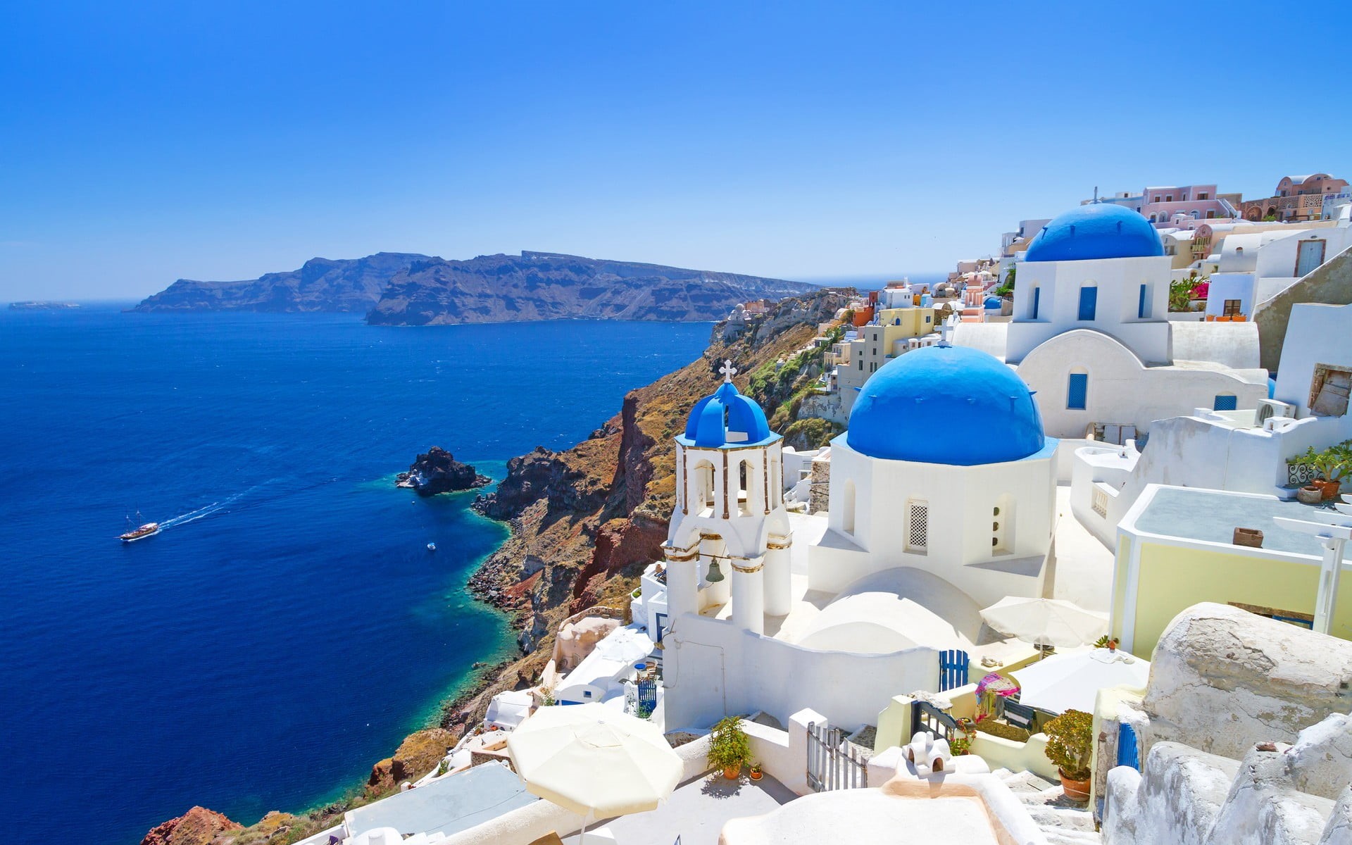 city, building exterior, built structure, Greece, building, landscape, dome, travel, religion, mountain, blue, high angle view, tourism, travel destinations, HD Wallpaper