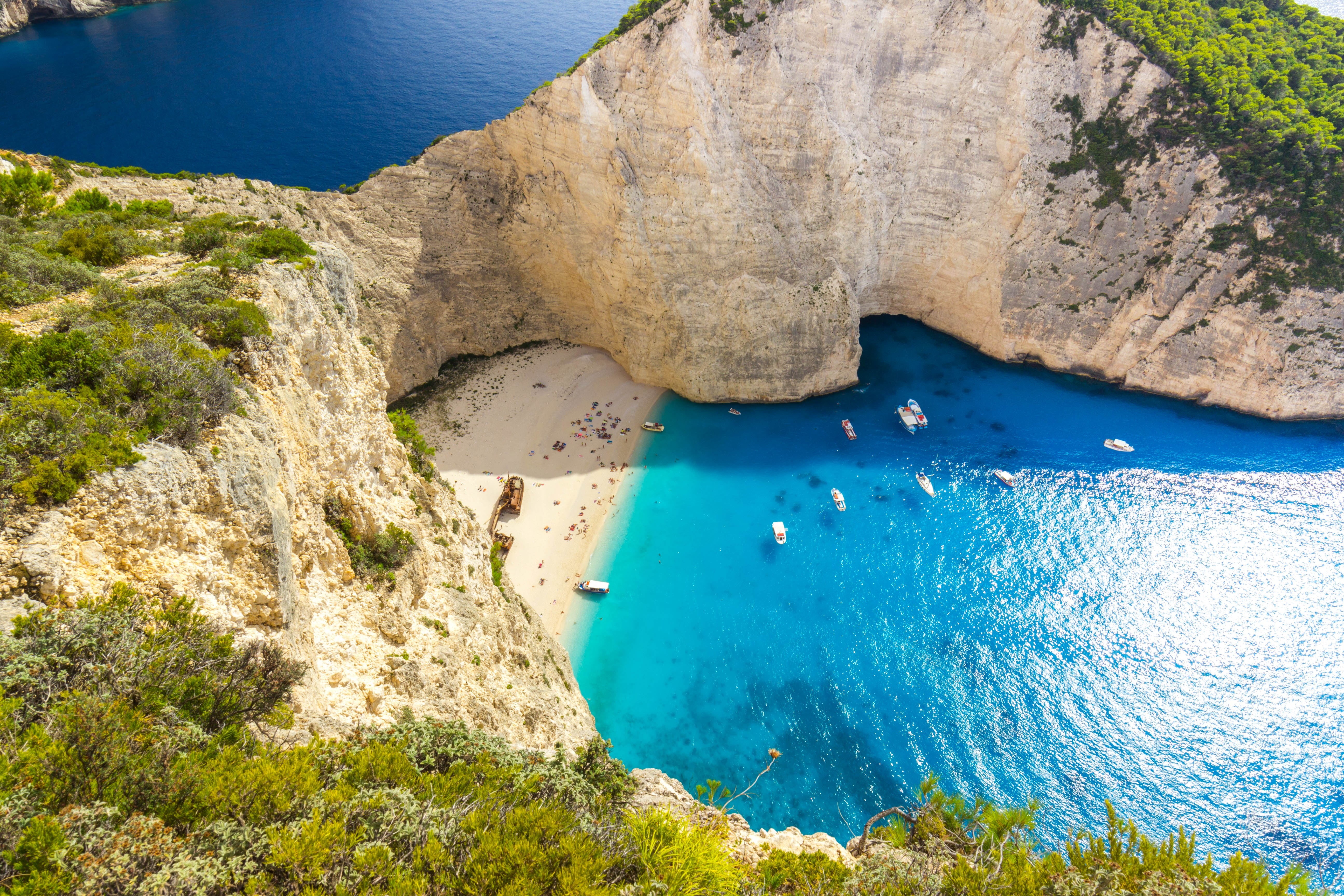 beach, tranquil scene, idyllic, rock - object, tranquility, rock, Greece, water, bay, day, rock formation, 5K, high angle view, formation, no people, scenics - nature, HD Wallpaper