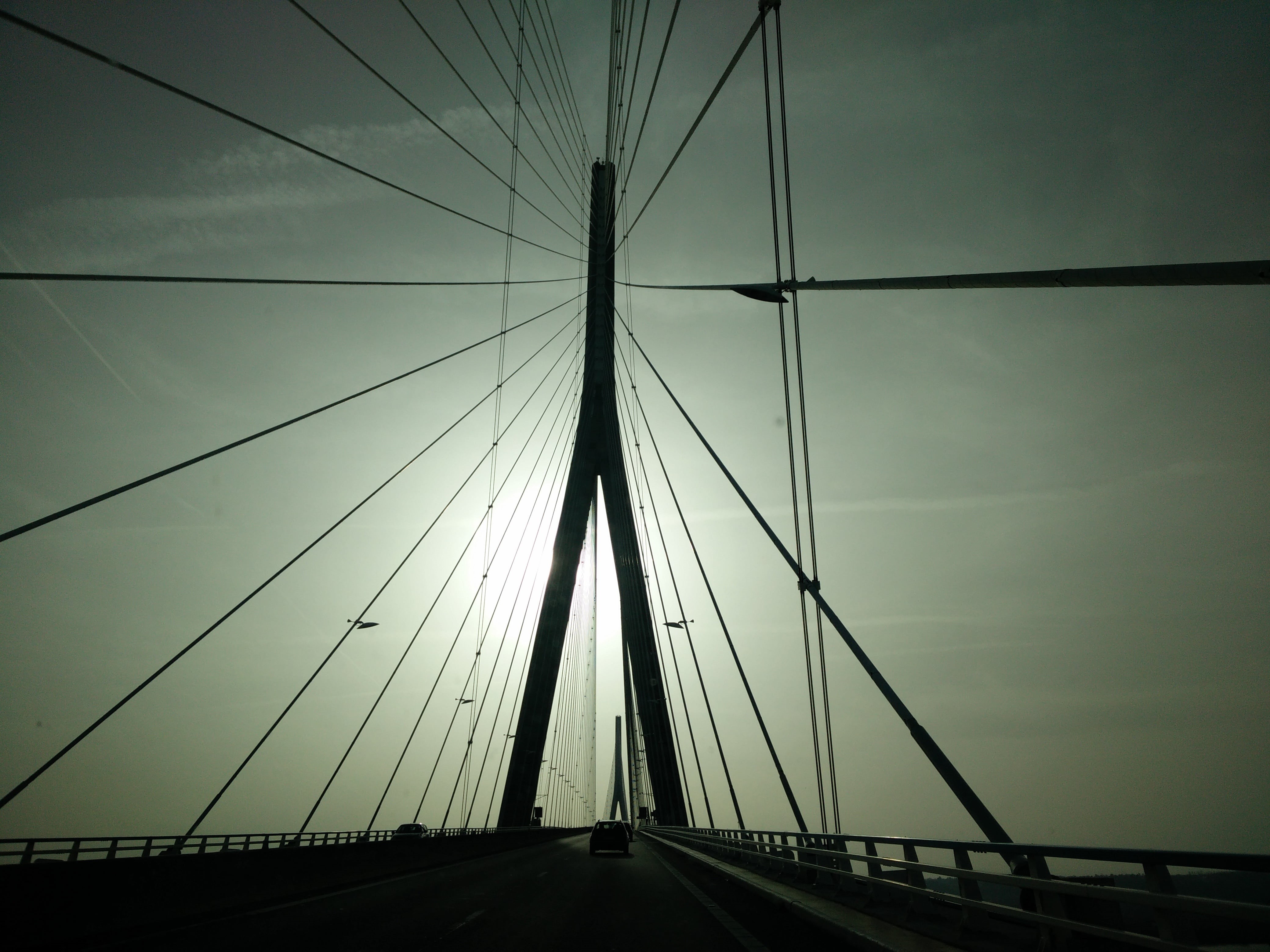 bridge, steel cable, fog, normandy, pillar, roads, transportation, night, 4K, connection, low angle view, diminishing perspective, travel destinations, HD Wallpaper