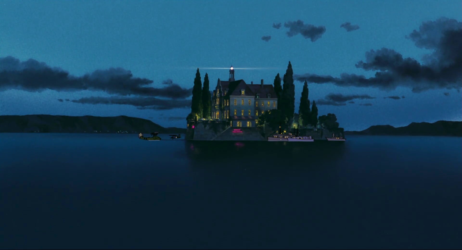white, Studio Ghibli, water, sea, sky, illuminated, reflection, scenics - nature, red, architecture, 1080P, island, boat, no people, building, night, building exterior, HD Wallpaper