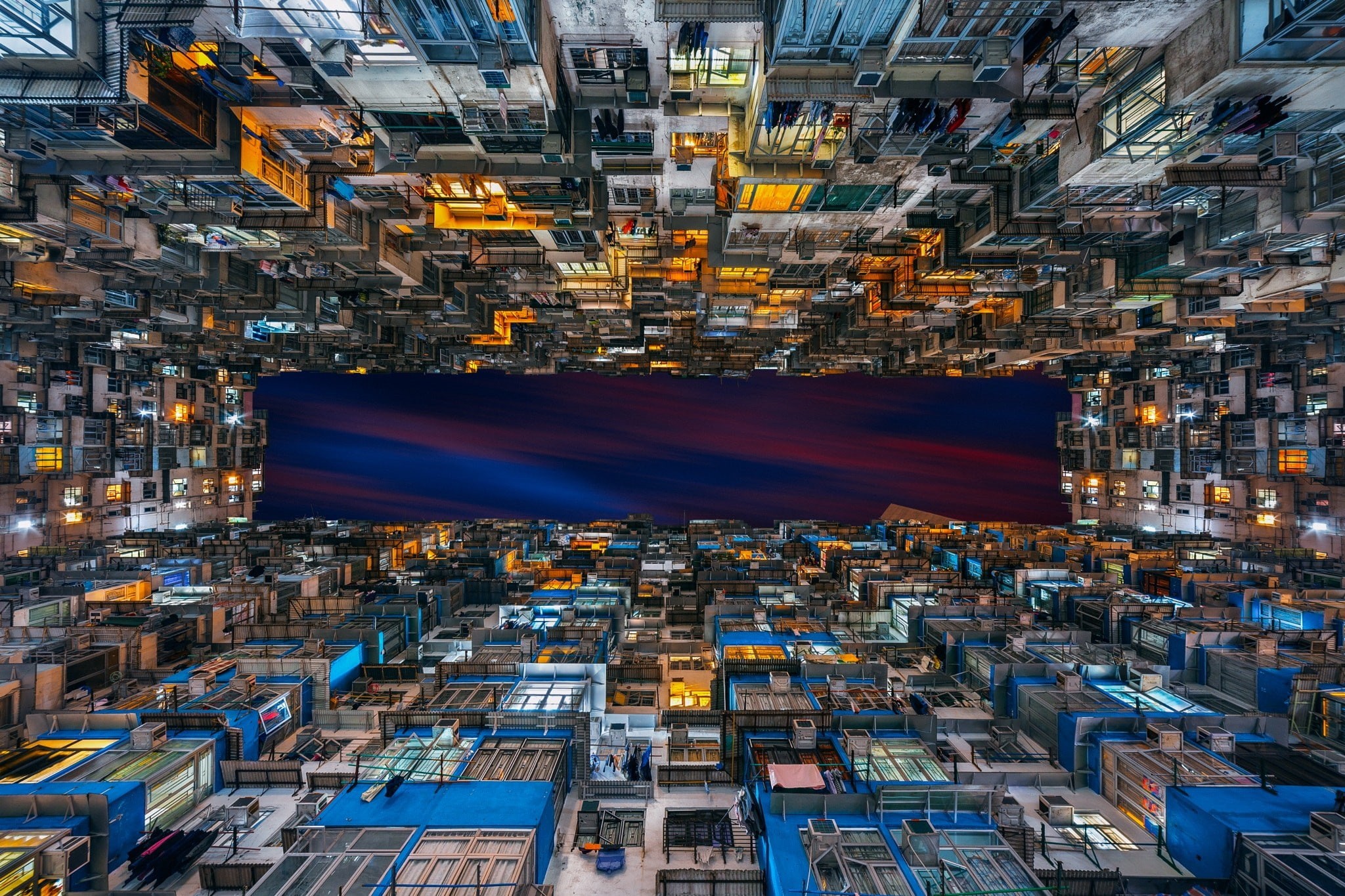 directly below, apartment, residential district, night, outdoors, apartments, sky, Hong Kong, building, 1080P, building exterior, window, illuminated, HD Wallpaper
