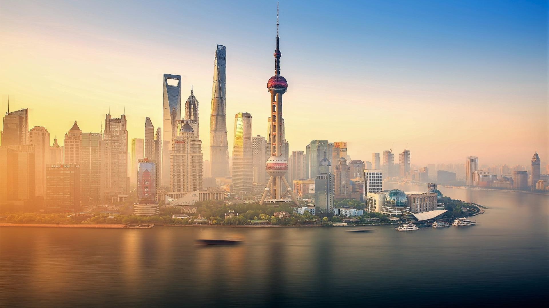 cityscape, city, skycraper, landmark, lujiazui, china, skyline, 1080P, oriental pearl tower, shanghai world financial center, sky, pudong, river, lu jia zui, HD Wallpaper