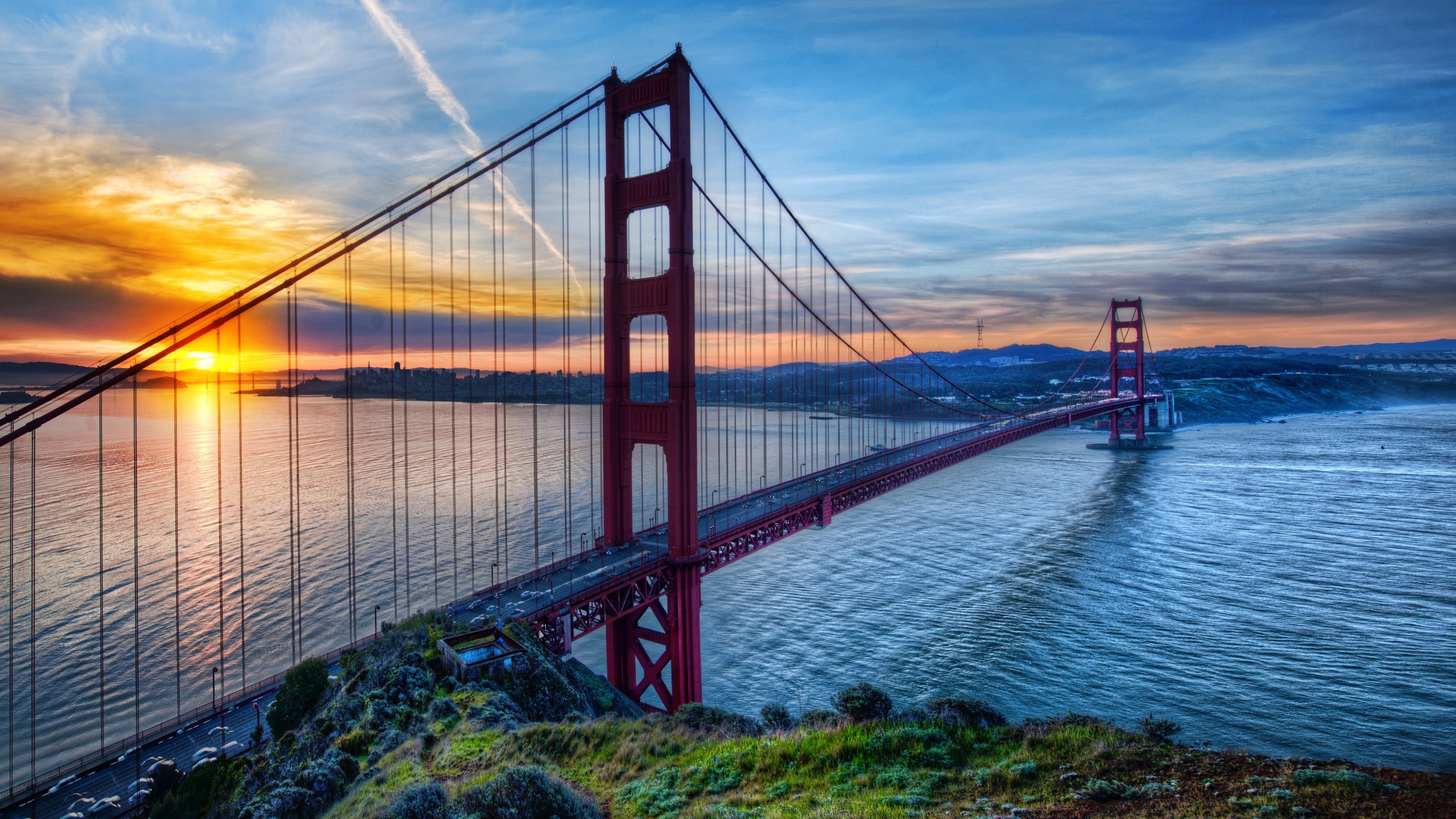 nature, usa, san francisco, city, sunrise, sky, california, sun, united states, horizon, golden gate bridge, 4K, suspension bridge, bridge, cable stayed bridge, HD Wallpaper