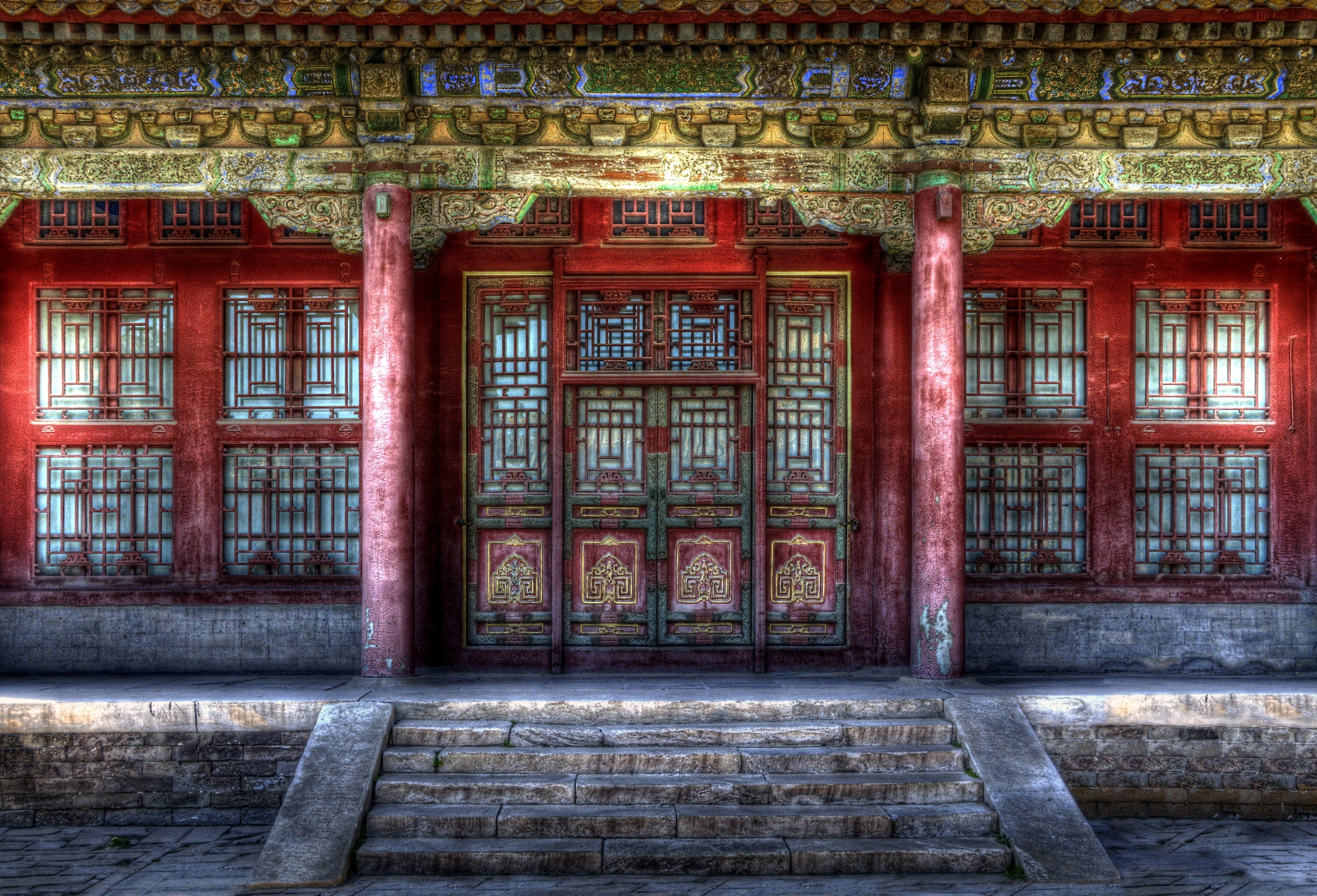 4K, old, ornate, the past, Door, staircase, building exterior, history, no people, Pekin, place of worship, Forbidden City, roof, entrance, wall, building, HD Wallpaper