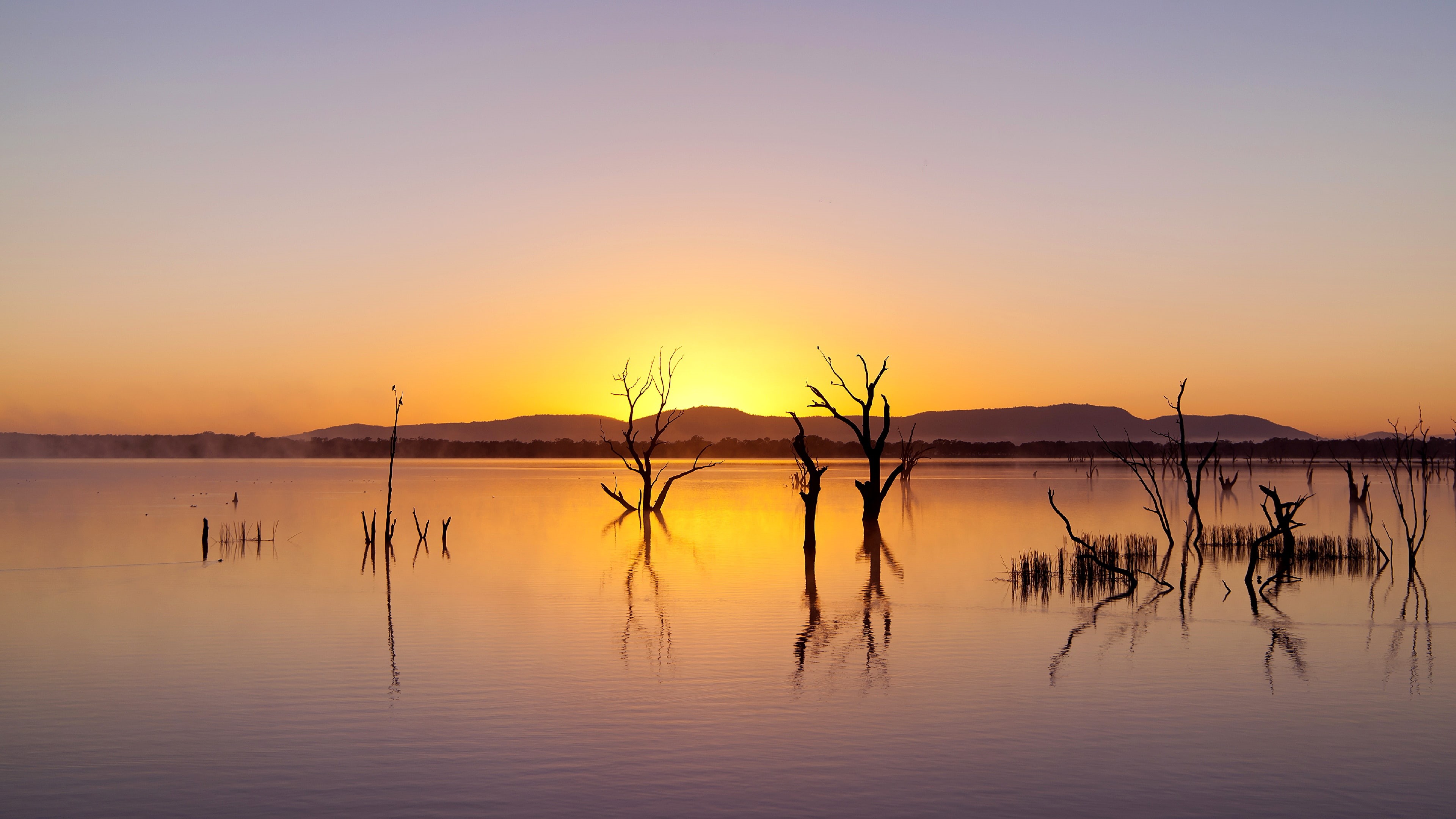 lake, australia, sunrise, sky, reflection, wetland, grampians national park, dawn, morning, water, national park, horizon, calm, grampians, 4K, HD Wallpaper