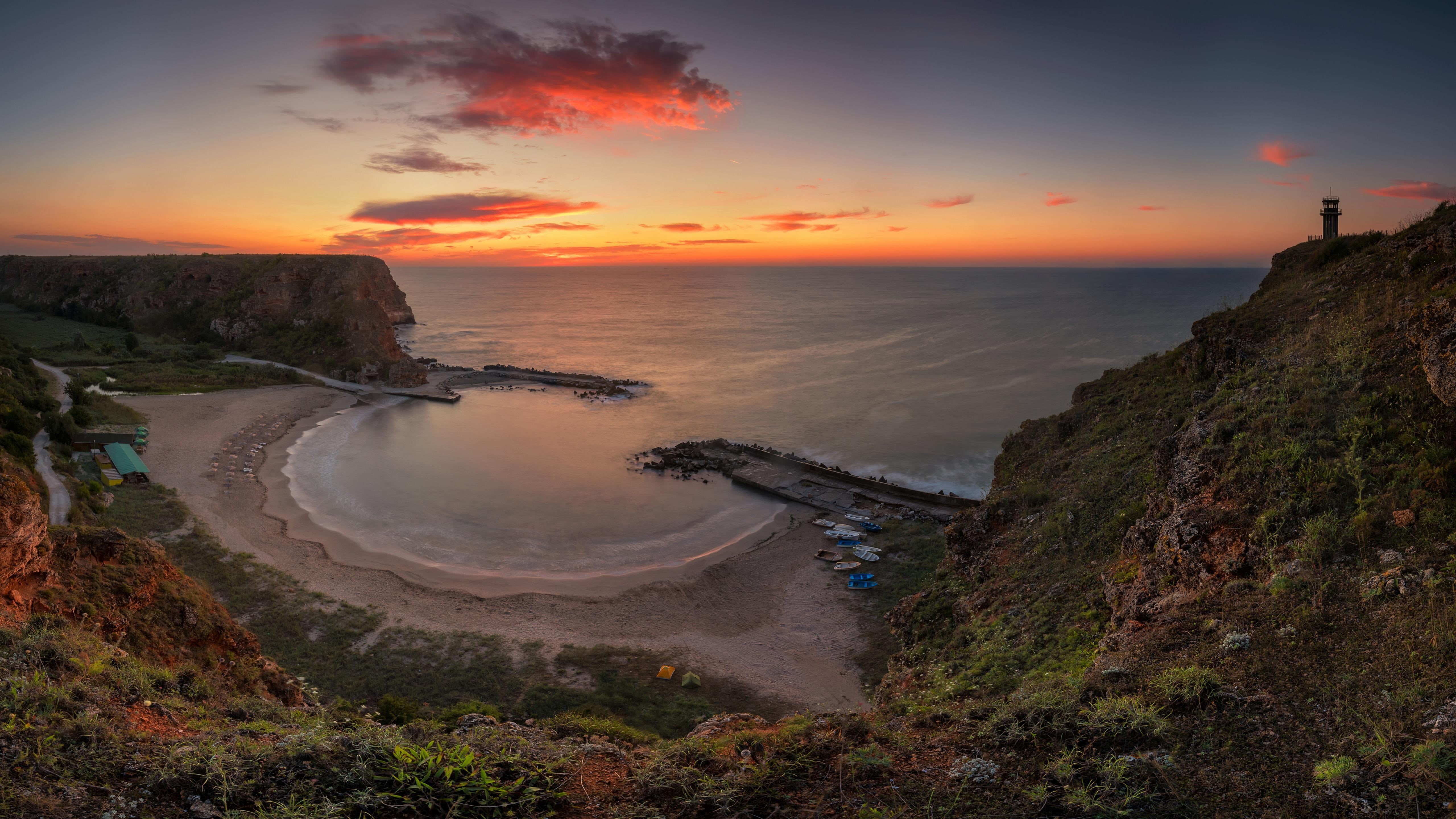 bolata bay, scenics - nature, morning, no people, dawn, coast, 5k uhd, bolata beach, cloud, non-urban scene, black sea, 5k ultrahd, sky, orange color, europe, HD Wallpaper