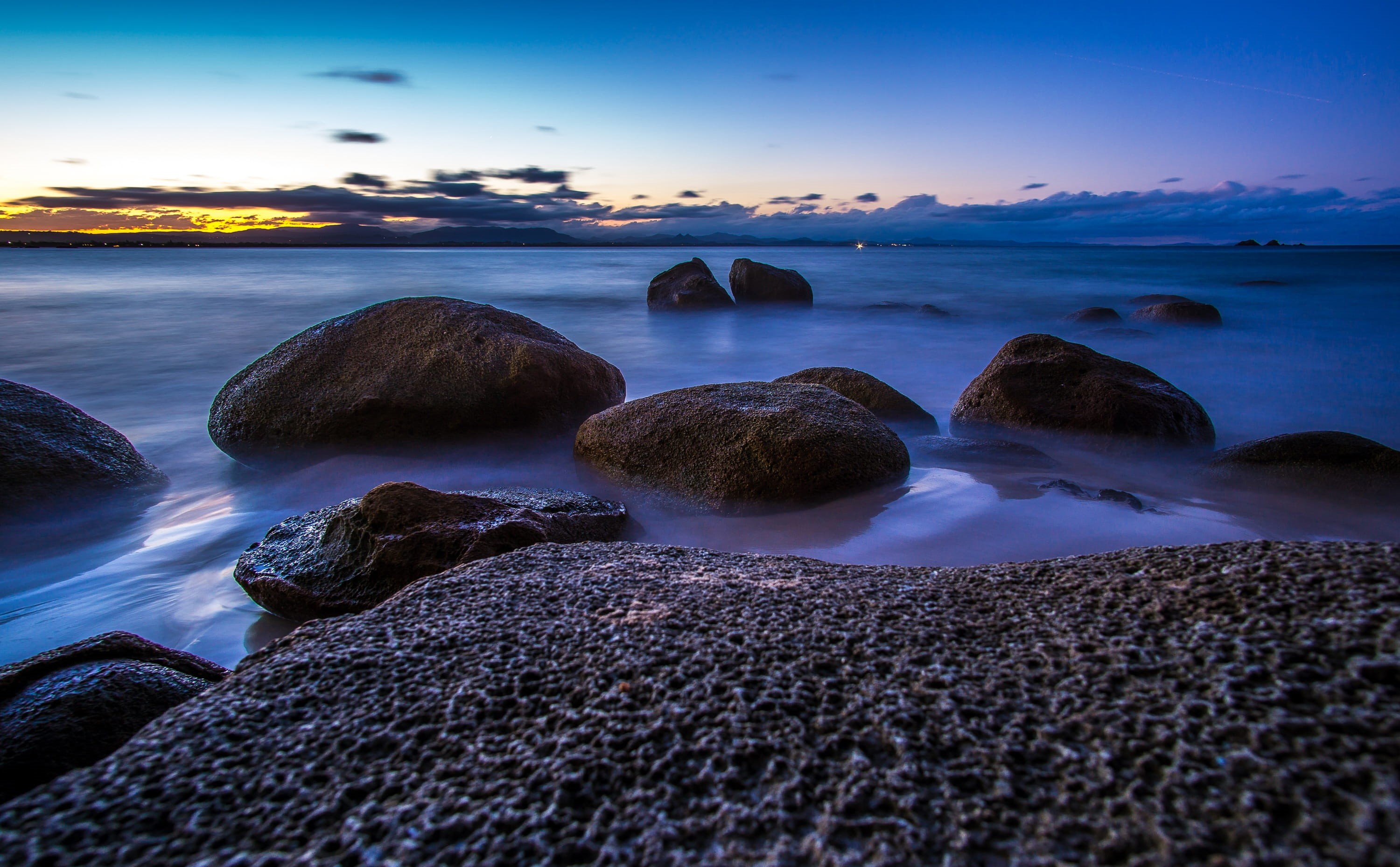 beauty in nature, sea, nature, pebble, scenics - nature, water, long exposure, tranquil scene, 2K, ocean, land, blue, motion, rocky, tranquility, rock, HD Wallpaper
