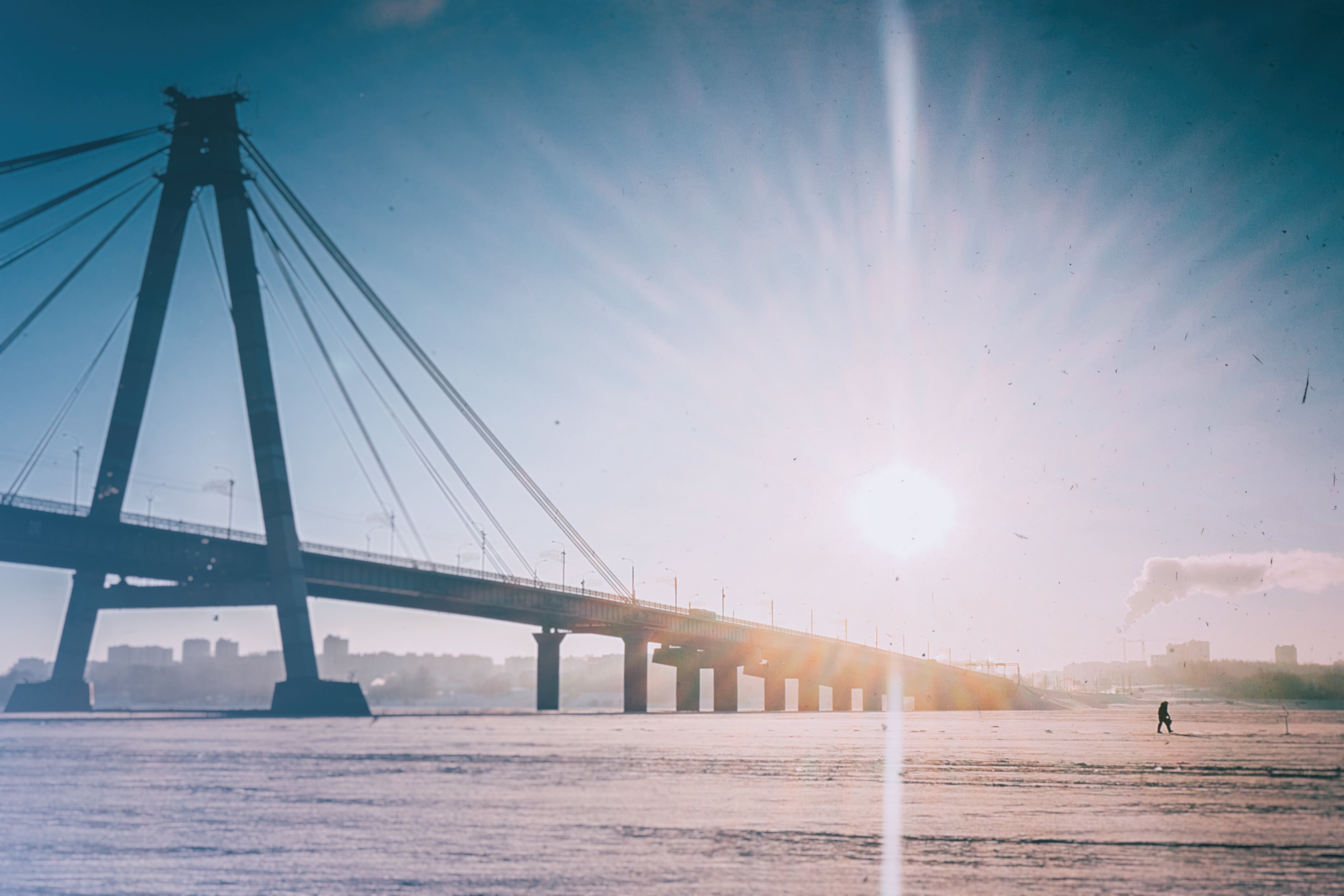 transportation, sun, walking, rise, person, beach, distant, sea, water, tourism, lifestyles, buildings, built structure, connection, sunshine, bridge - man made structure, HD Wallpaper