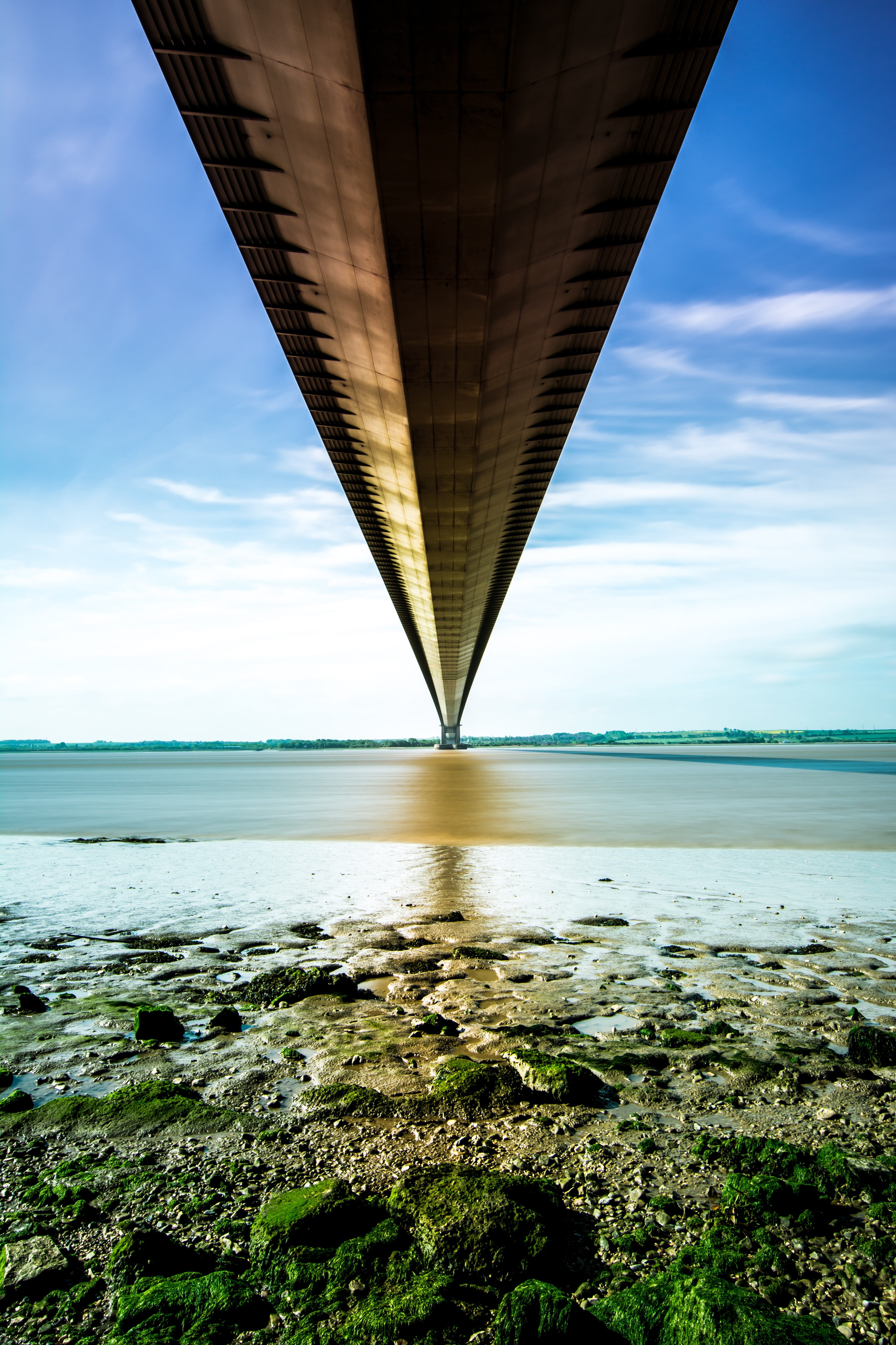 road, nature, engineering, yorkshire, Humber Bridge, day, water, built structure, transport, suspension, sky, design, scenics - nature, low angle view, Phone HD Wallpaper
