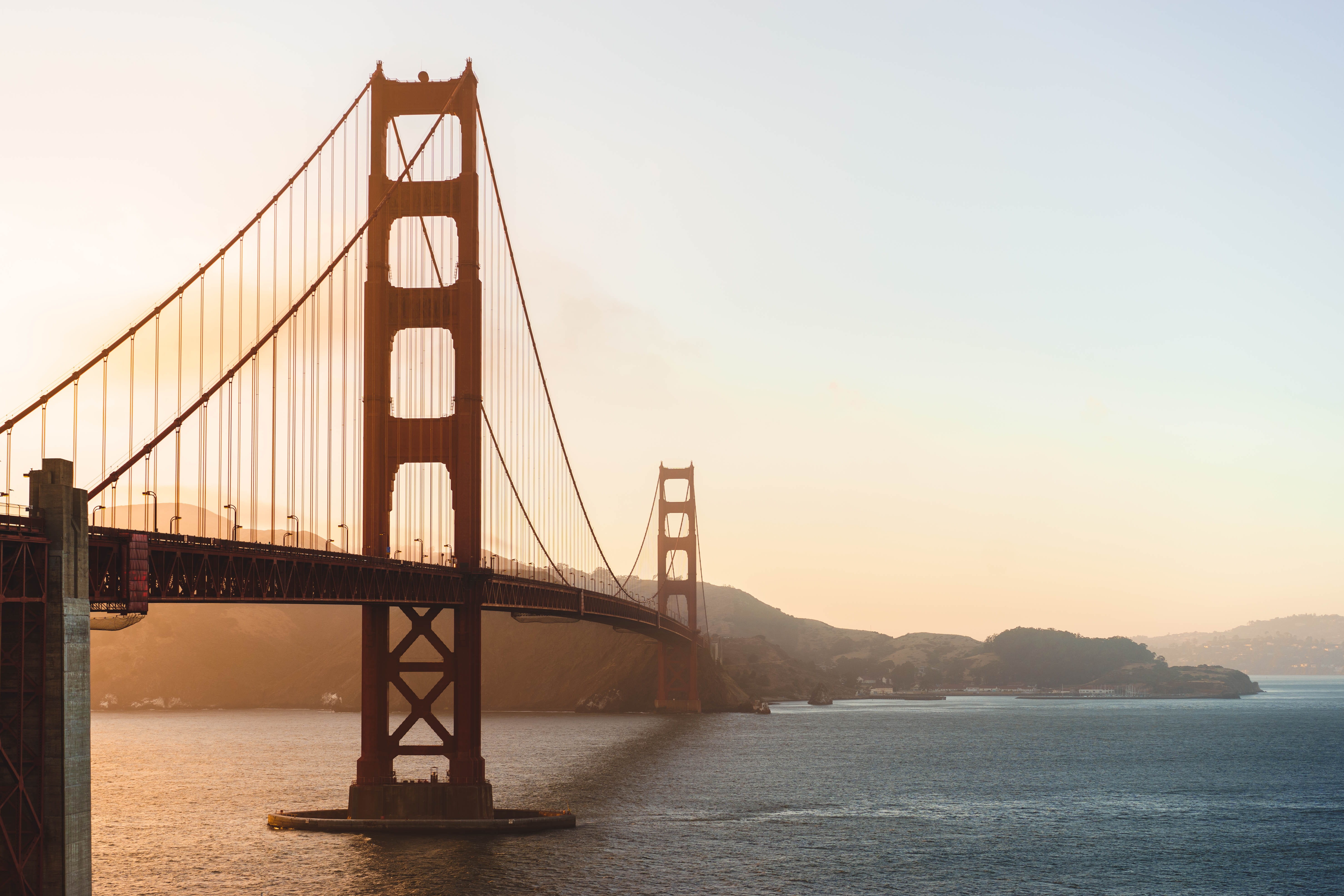 day, city, water, nature, urban Skyline, time, travel, suspension Bridge, bridge - Man Made Structure, transportation, built structure, architecture, 5K, HD Wallpaper
