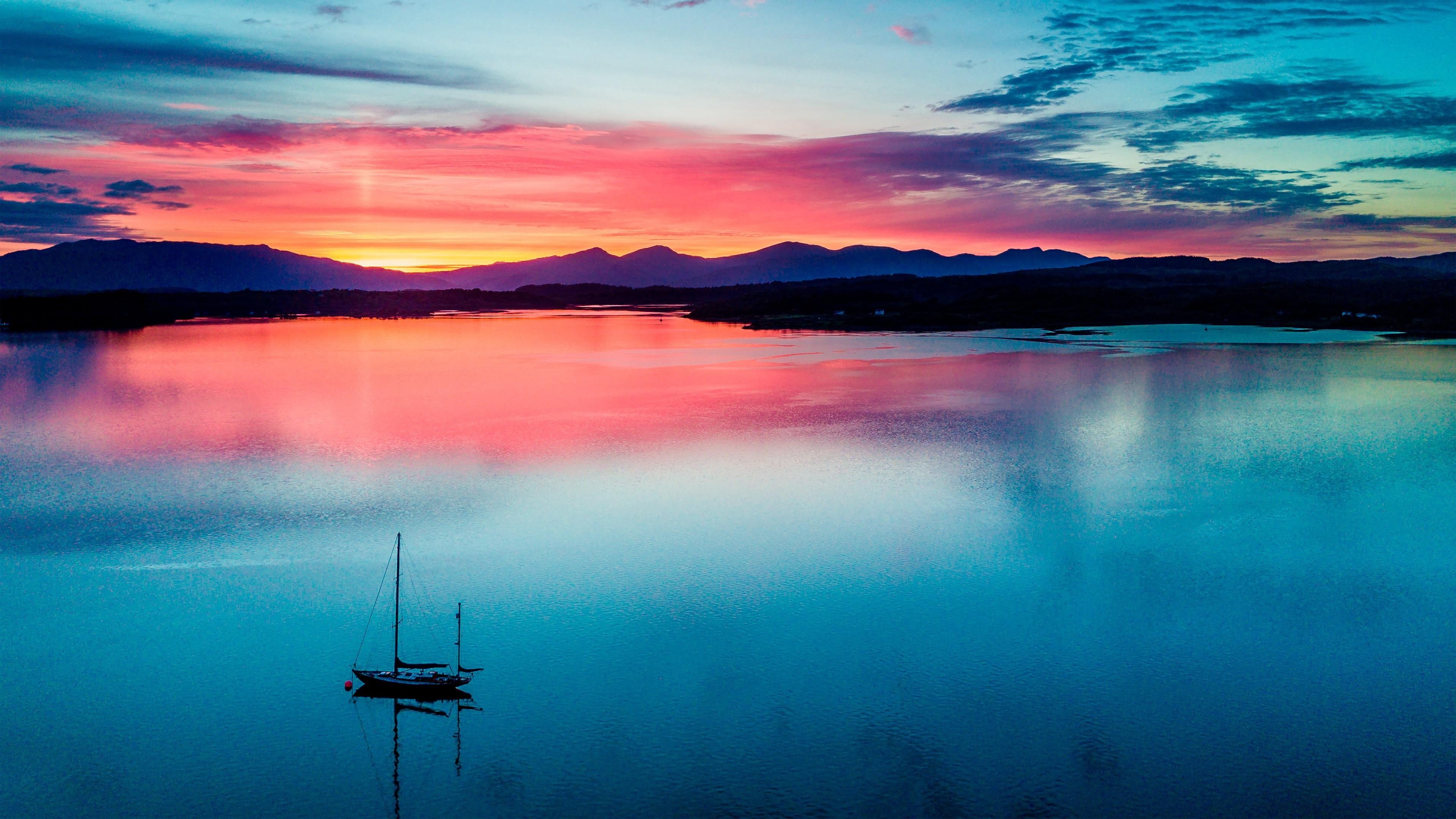 sunrise, lake, argyll, sailing vessel, scotland, united kingdom, dawn, sailboat, 4K, loch creran, sailing ship, barcaldine, boat, HD Wallpaper