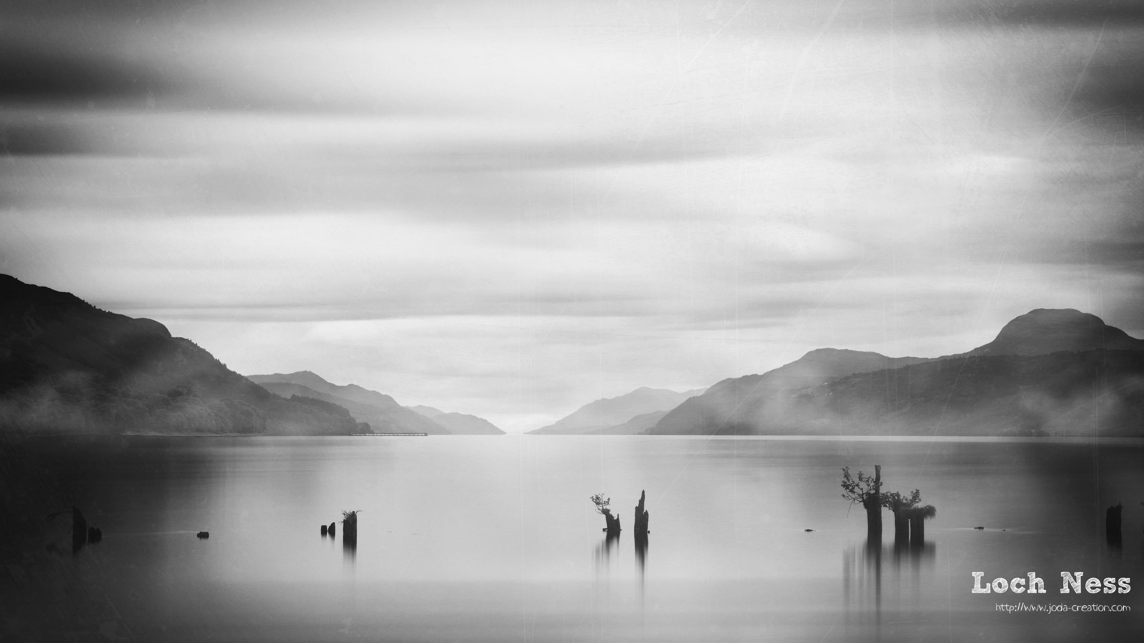 mountains, landscape, black, Scotland, travel destinations, monochrome, beach, nature, sky, group of people, Loch Ness, tranquil scene, mist, people, mountain, HD Wallpaper