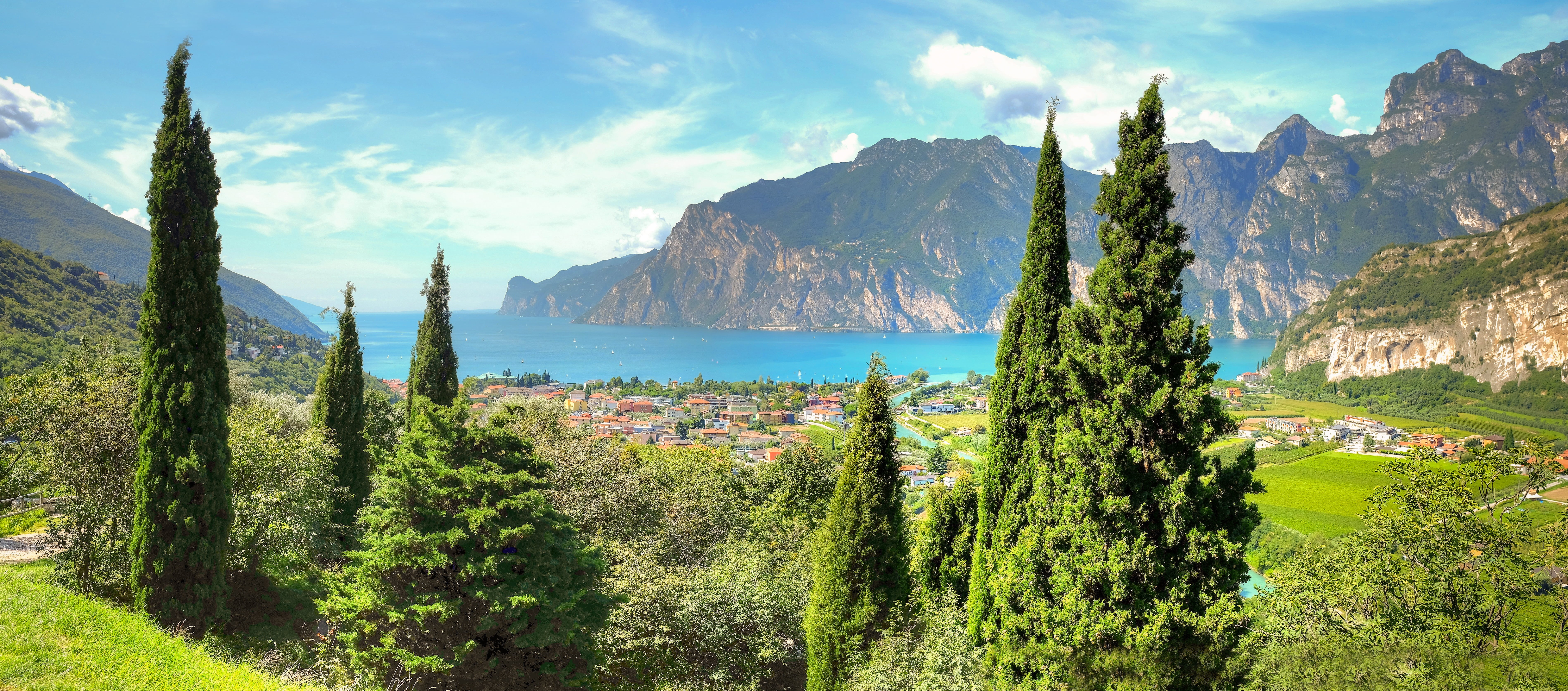 tree, view  lake, body, near, european Alps, water, sul, blue, hill, mountain, new frontier, nature, lake, Torbole, body of water, summer, hdr, green Color, HD Wallpaper