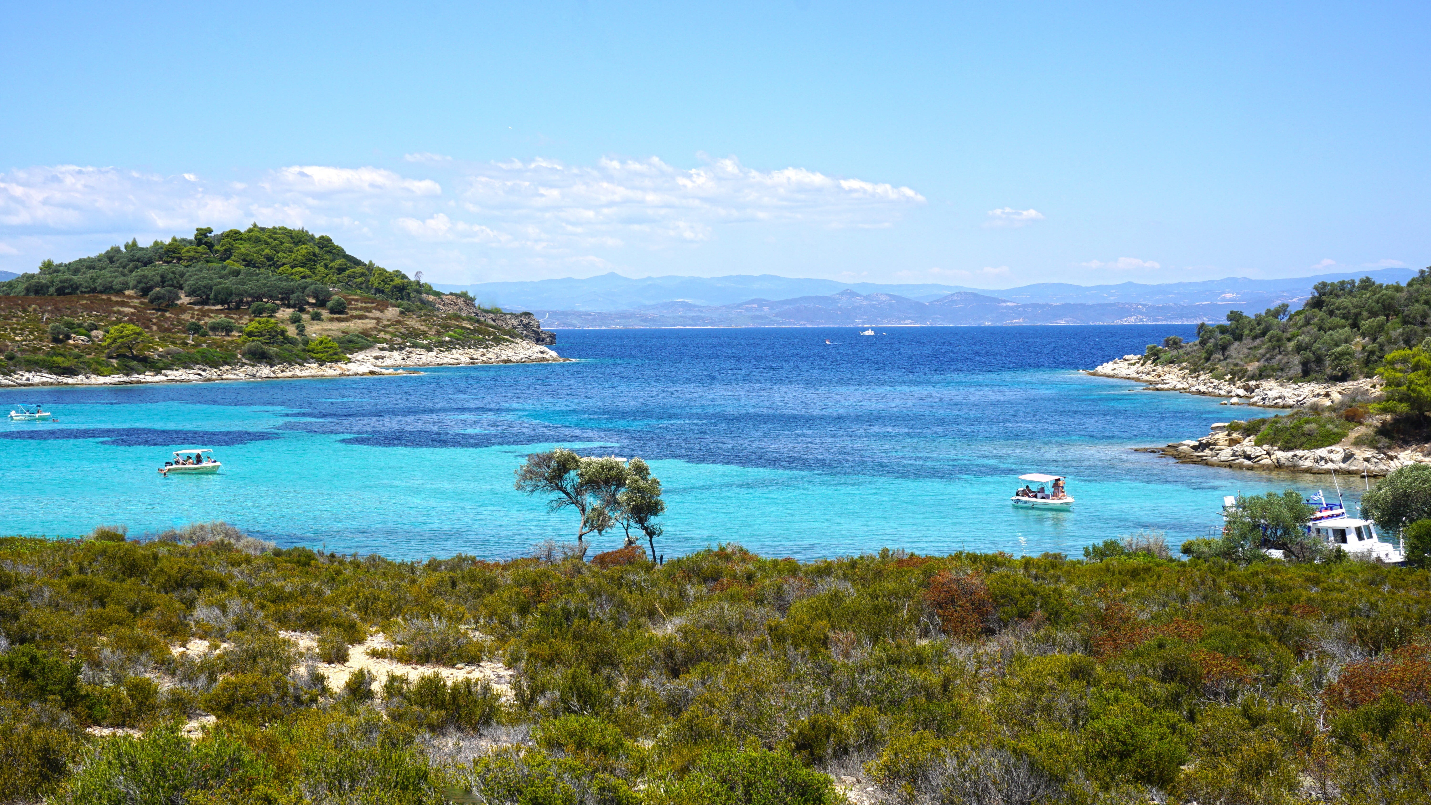 land, greece, seashore, horizon, beach, sun, tourism, sand, sky, nautical vessel, vacation, nature, outdoors, tranquility, mountain, aegean, coast, shore, HD Wallpaper