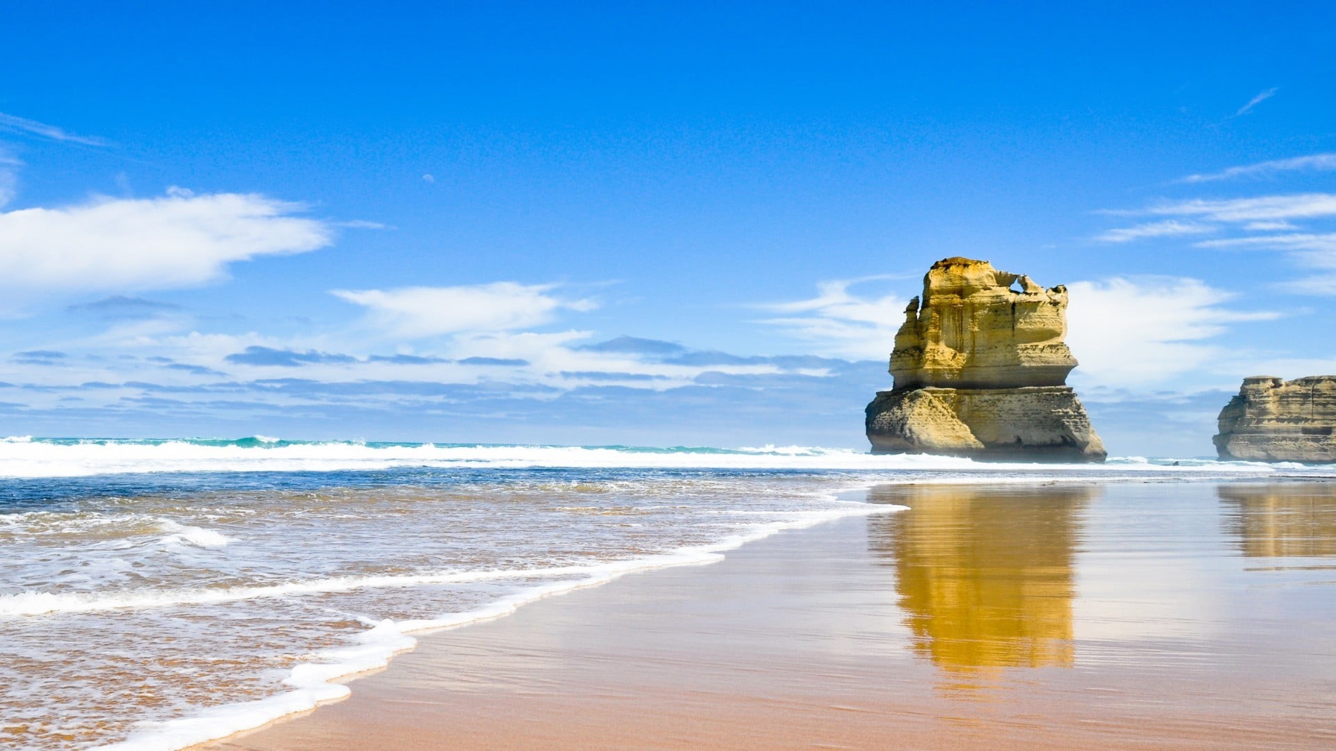 nature, sky, seashore, beach, land, rock formation, aquatic sport, travel, day, outdoors, no people, beauty in nature, coast, 1080P, stack rock, wave, HD Wallpaper