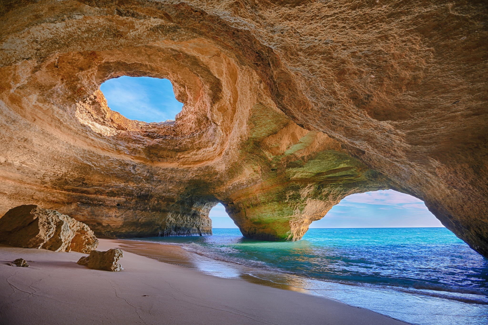 rock formation, sea, day, sky, outdoors, eroded, brown, natural arch, beach, rock, cave, tranquility, scenics - nature, nature, 1080P, solid, no people, HD Wallpaper