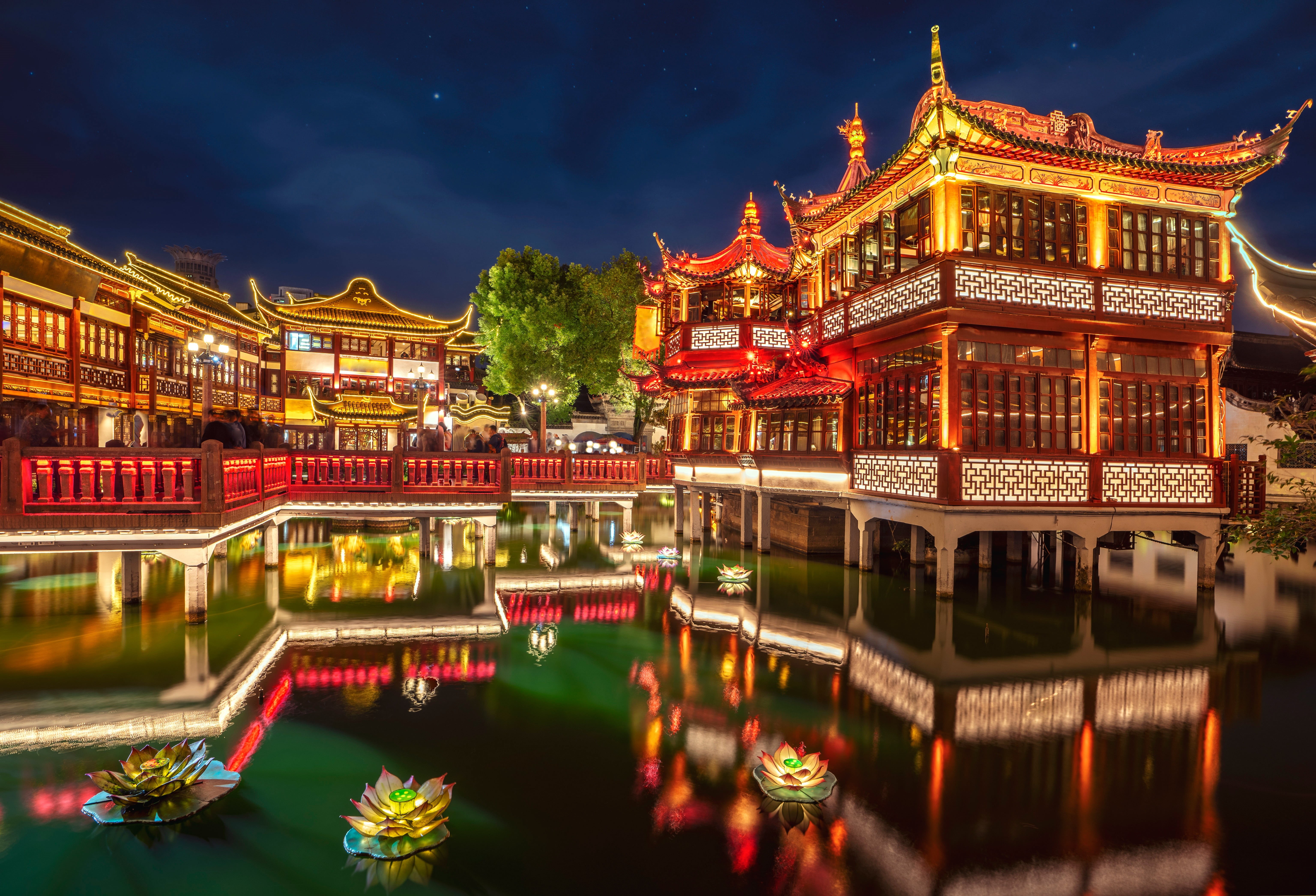 Yu Garden, Shanghai, China, pond, Huxingting Teahouse, architecture, garden, 5K, Yuyuan Garden, the evening, reflection, flowers, Park, the building, HD Wallpaper