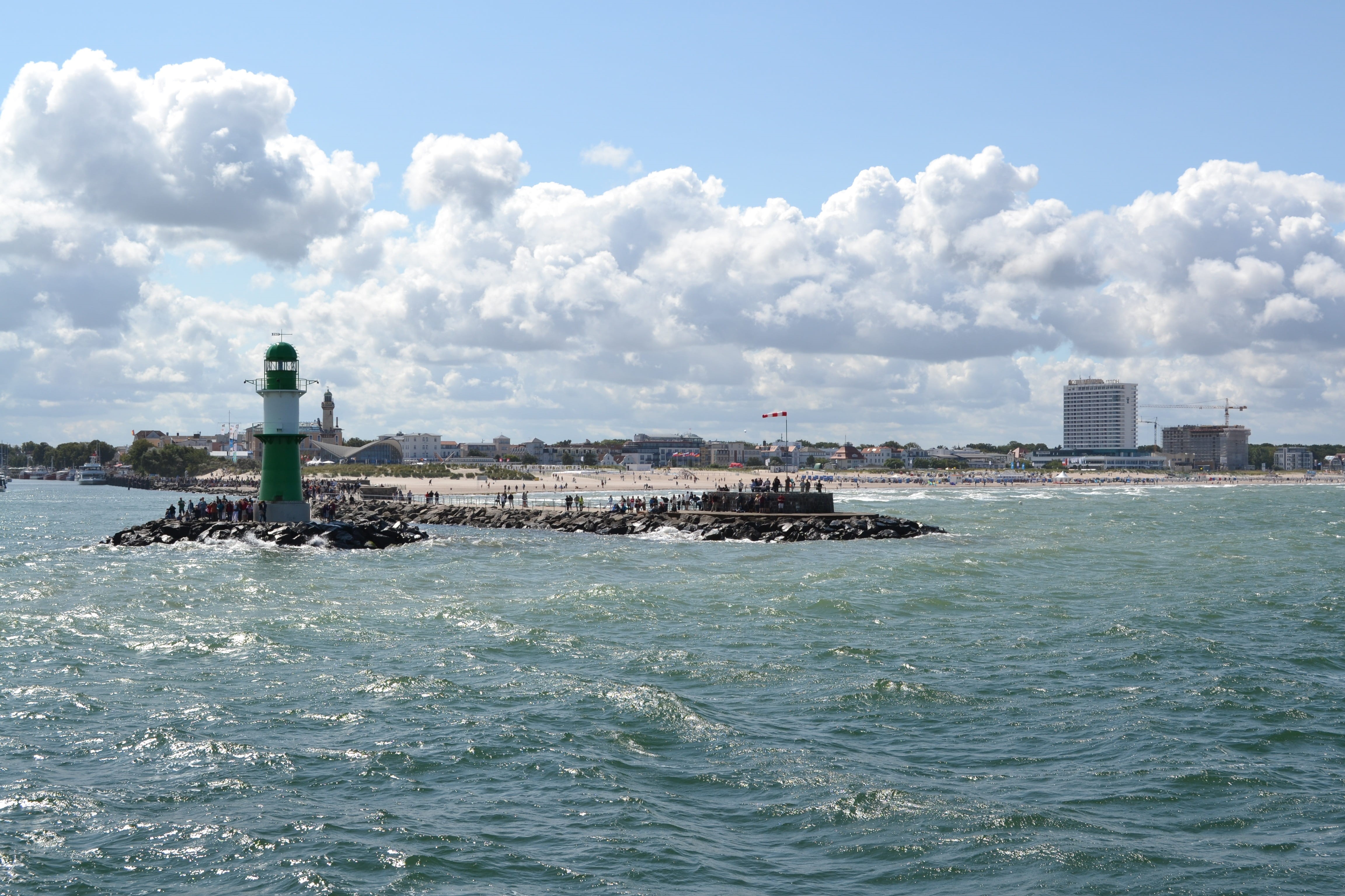 holiday, port, illuminated signs, built structure, wind, outdoors, building exterior, cloud - sky, city, tower, sea, old power, day, scenics - nature, Warnemünde, HD Wallpaper