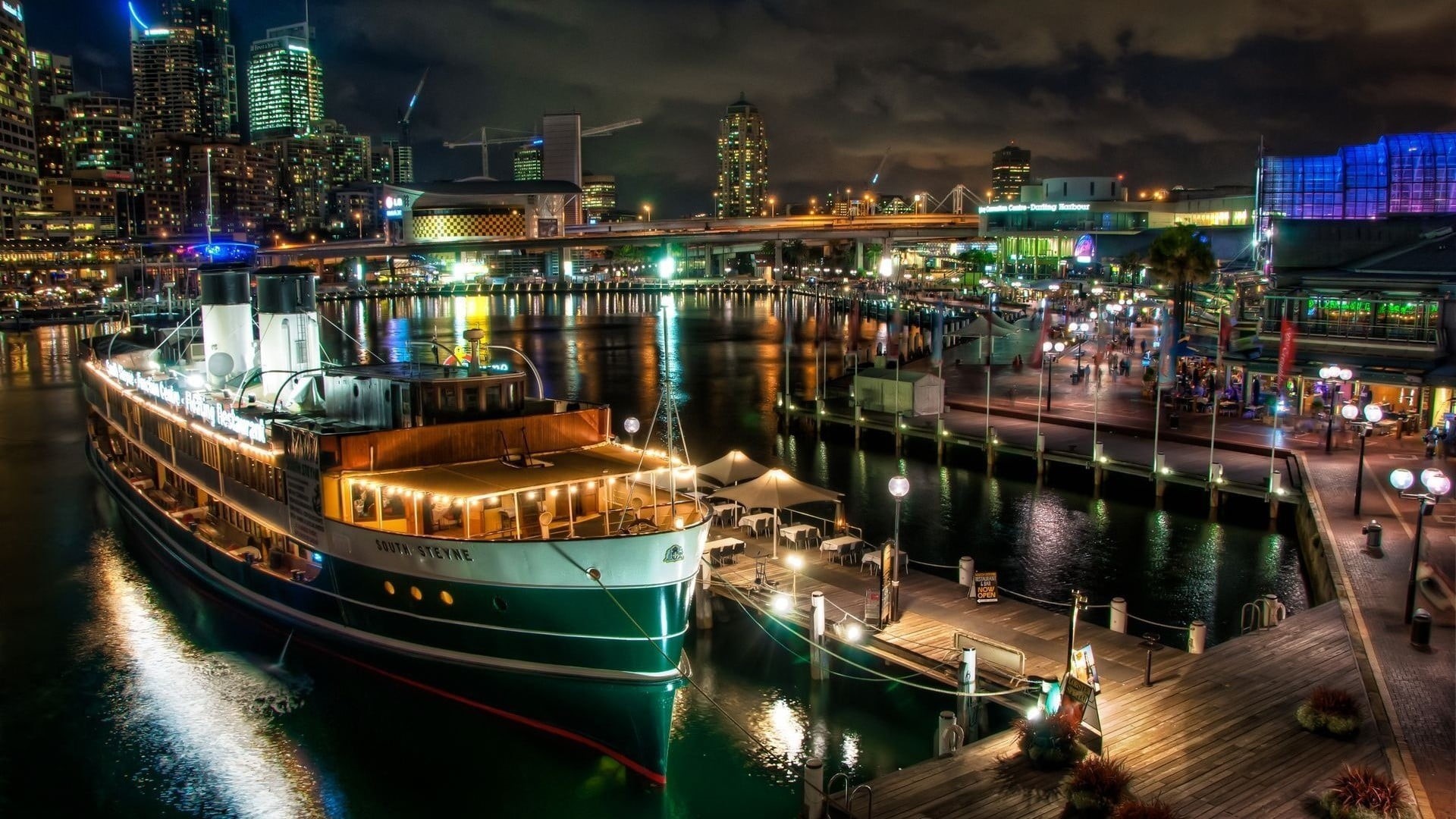 high angle view, no people, illuminated, building, white, nature, cruise, night, cranes (machine), sailboat, harbor, sky, ship, Australia, cityscape, outdoors, HD Wallpaper