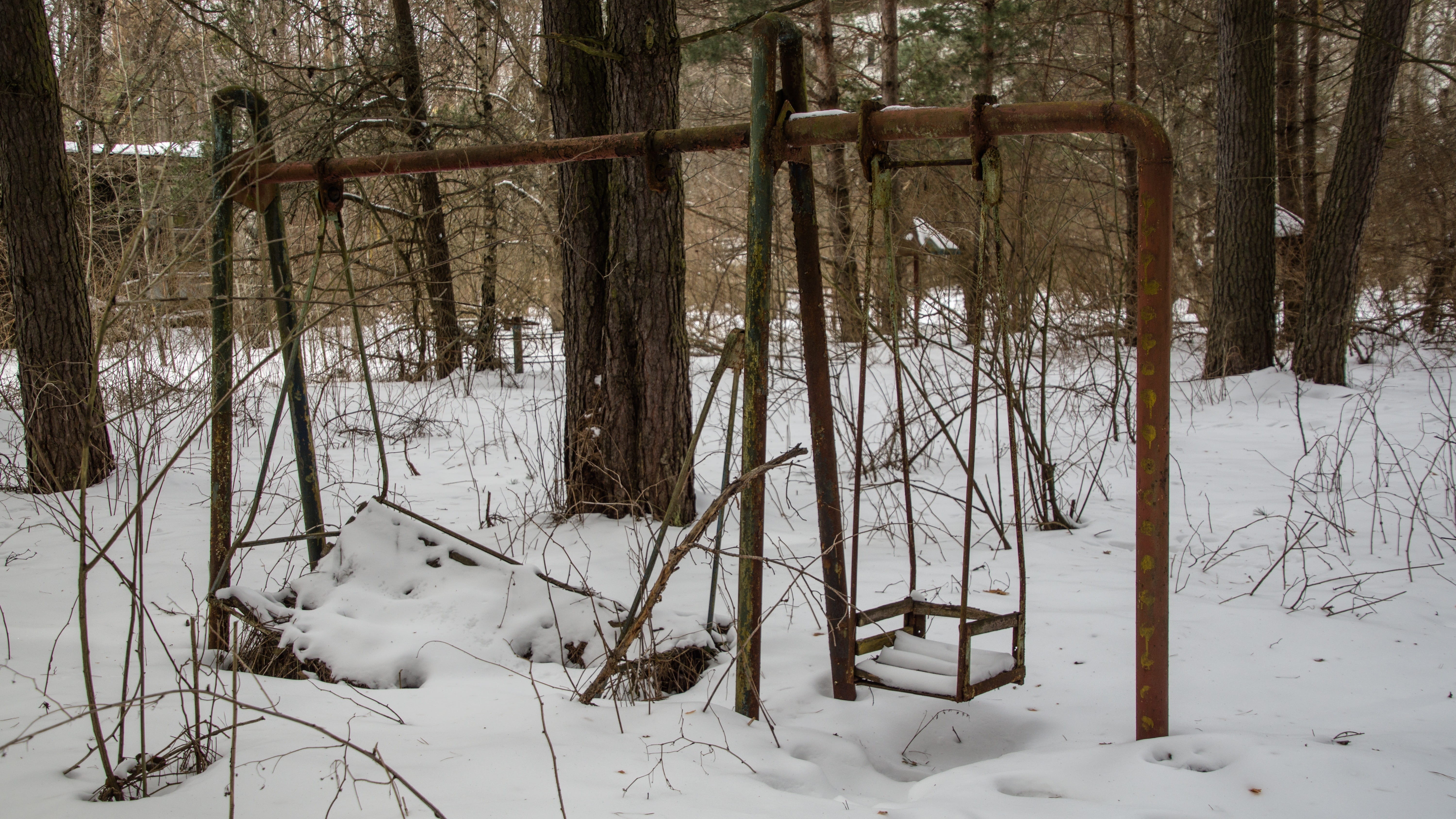 chernobyl, tranquility, broken, rust, winter, 5K, field, plant, radioactive, bare tree, tree, forgotten, tree trunk, abandoned, outdoors, disaster, preschool, HD Wallpaper