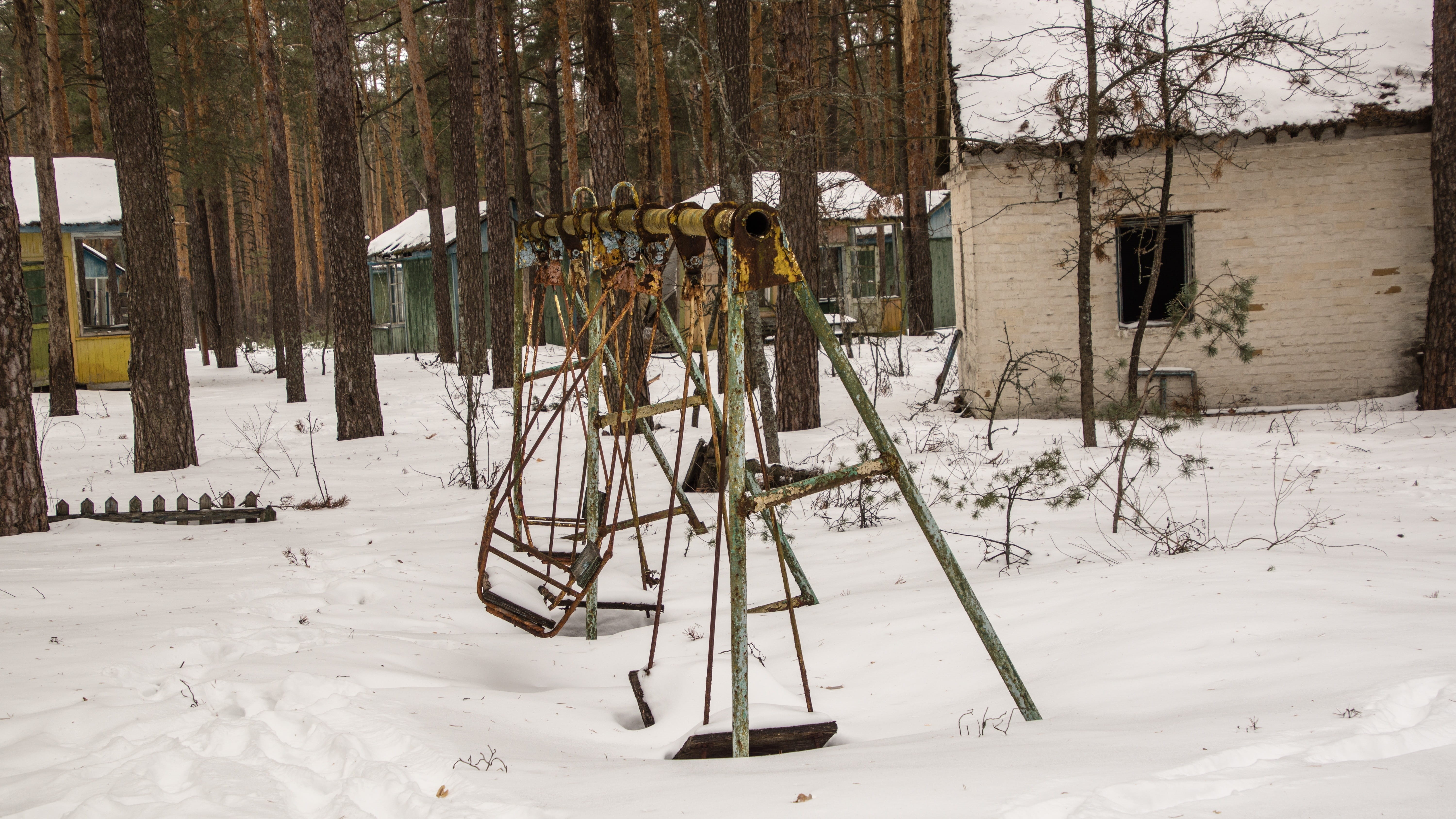 built structure, plant, exclusion zone, outdoors, ghost town, cold temperature, building exterior, pripyat, tree trunk, swing, decay, field, snow, camp, HD Wallpaper