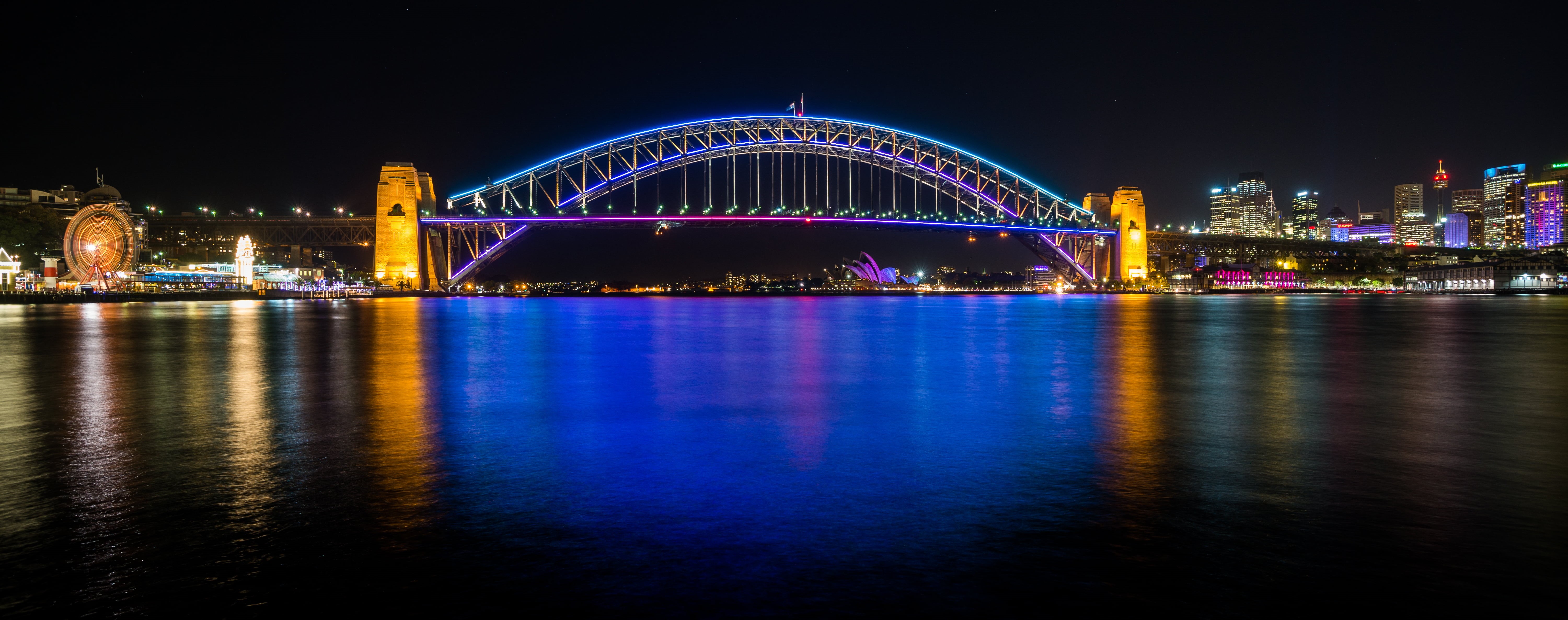 night time, cityscape, 5K, Australia, reflection, New South Wales, urban Skyline, lights, illuminated, Sydney Harbour Bridge, bridge - Man Made Structure, HD Wallpaper
