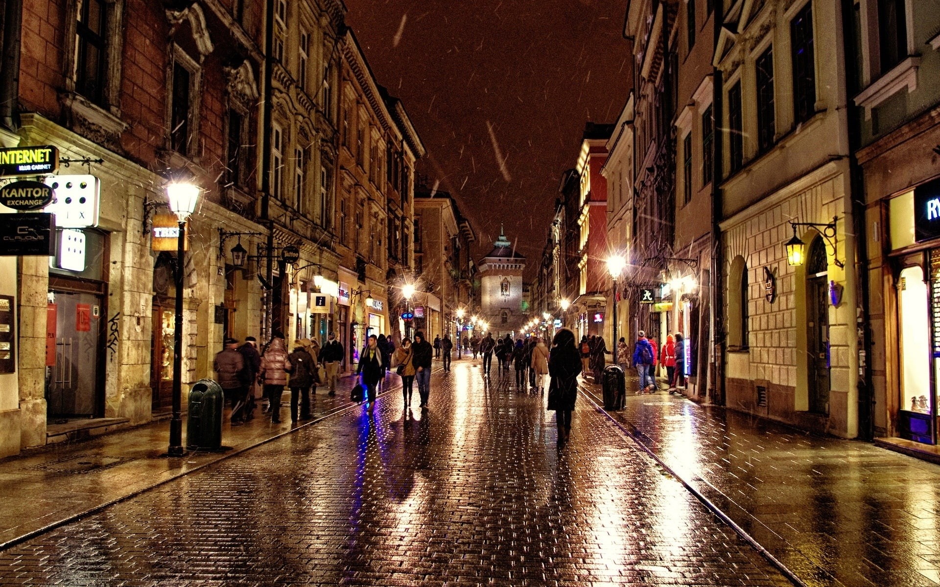 People, 1080P, Night, Poland, Street, Krakow, Shops, Lights, City, HD Wallpaper