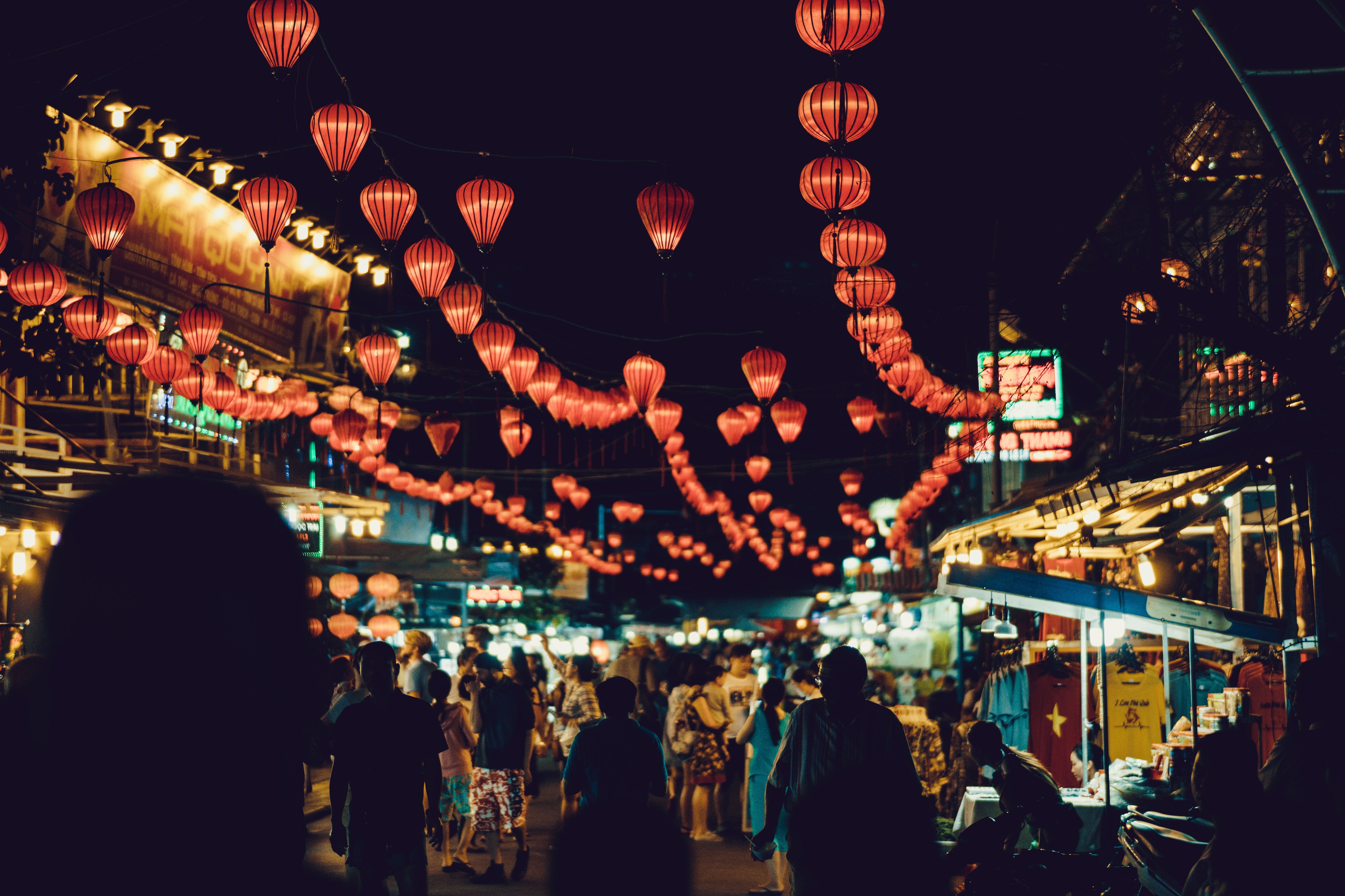 crowd, adult, street, street market, city, festival, group, walking, chinese new year, group of people, business, chinese, hanging, stalls, night, market, HD Wallpaper