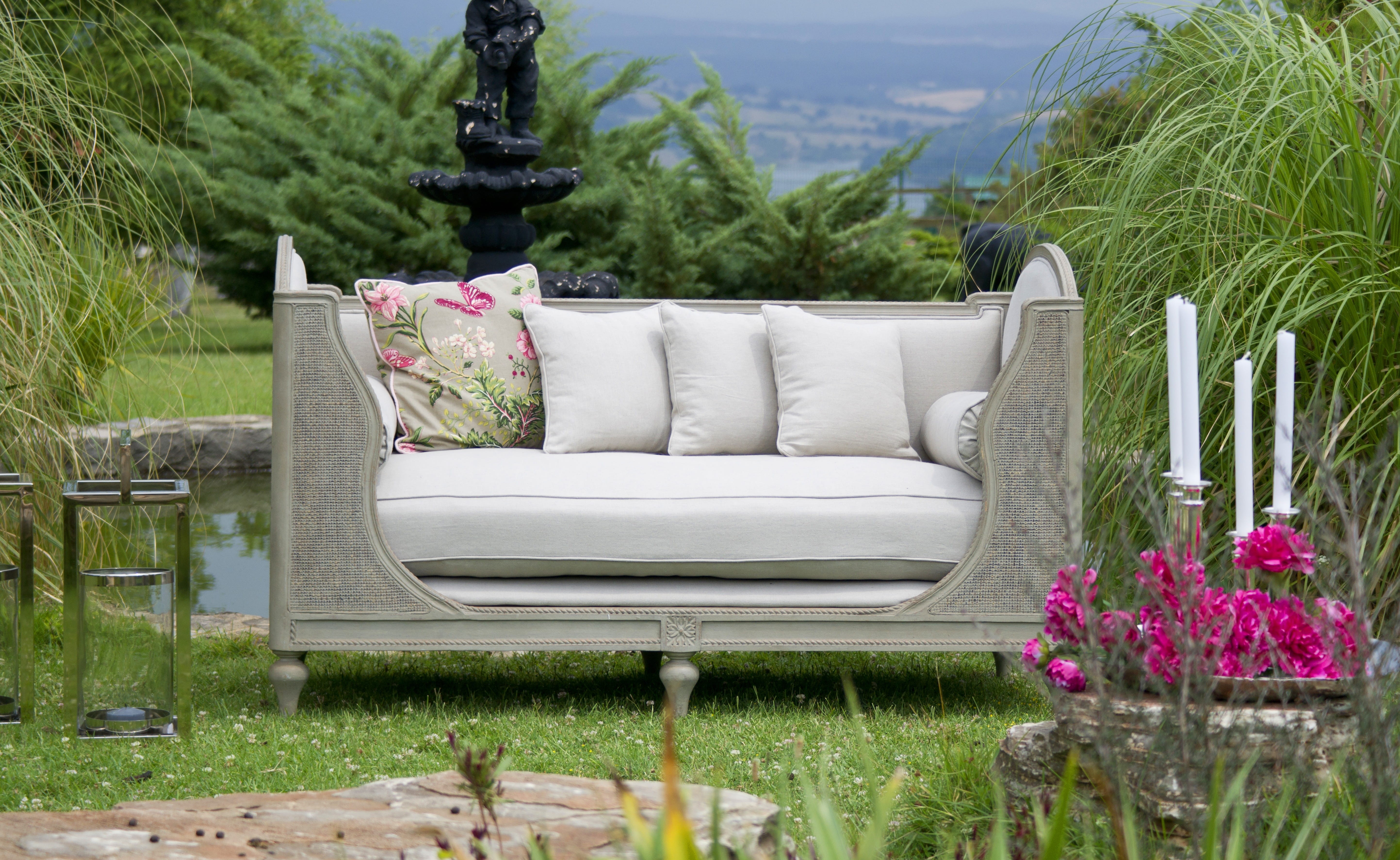 style, plant, flower, armchair, 5K, cushion, furniture, decor, water, chair, luxury, interior architecture, outdoors, architecture, absence, background, HD Wallpaper