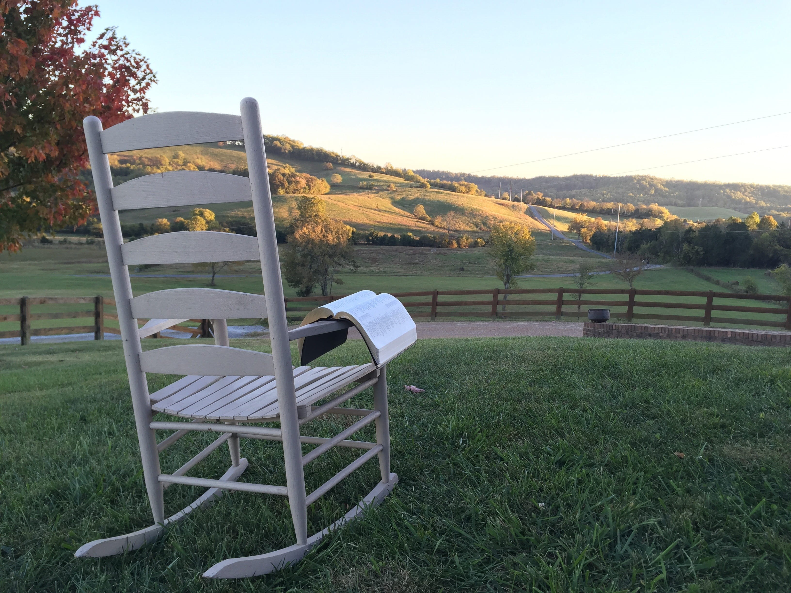 rocking, Bible, hill, grass, tranquil scene, seat, nature, religious, sitting, open, tranquility, field, tree, white, environment, Chair, sky, 2K, scenics, HD Wallpaper