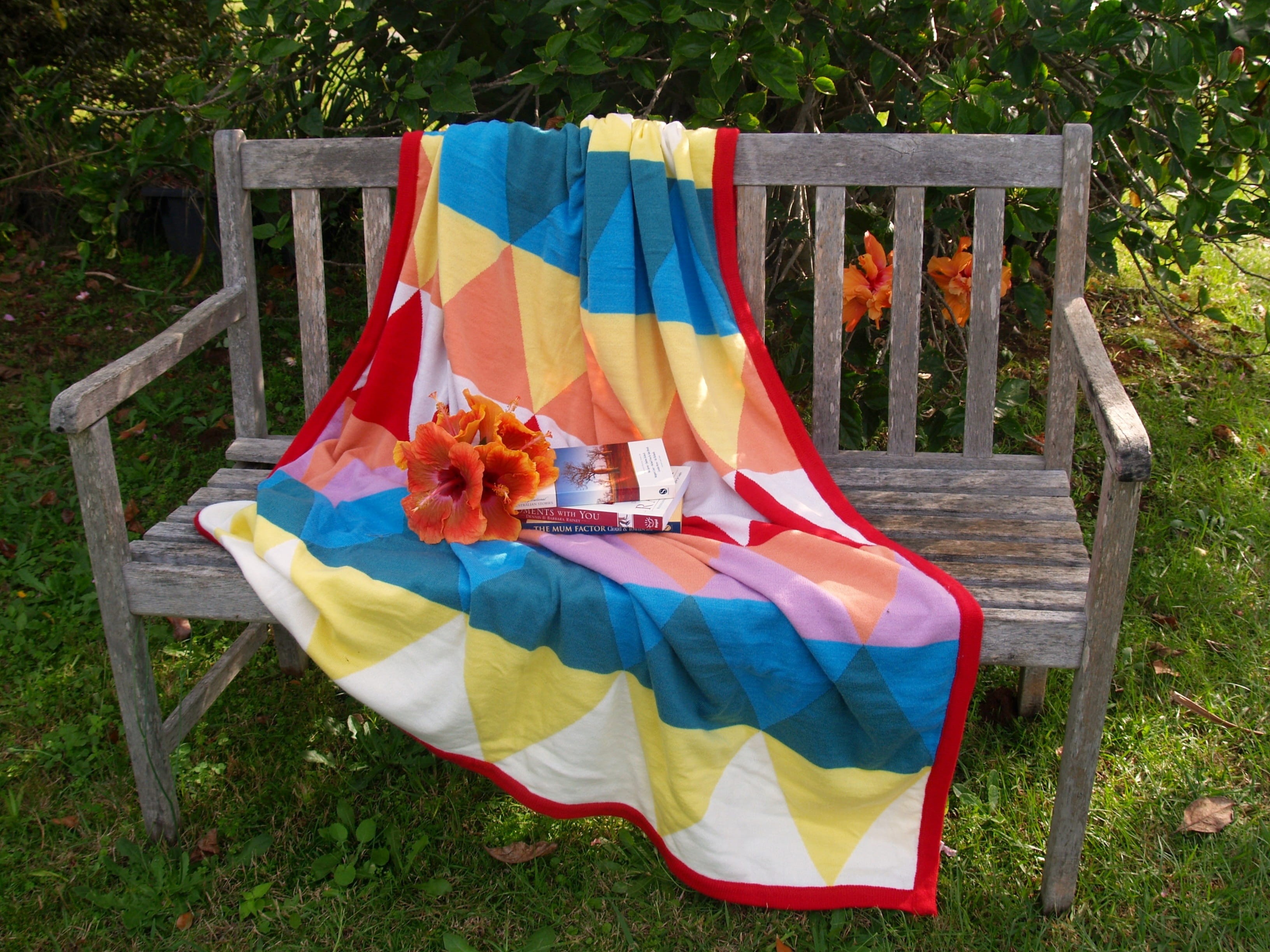 green, bench, textile, outdoors, nature, blue, sit, garden, land, hibiscus, tree, no people, books, wood, vintage, flag, multi colored, sunlight, grass, HD Wallpaper