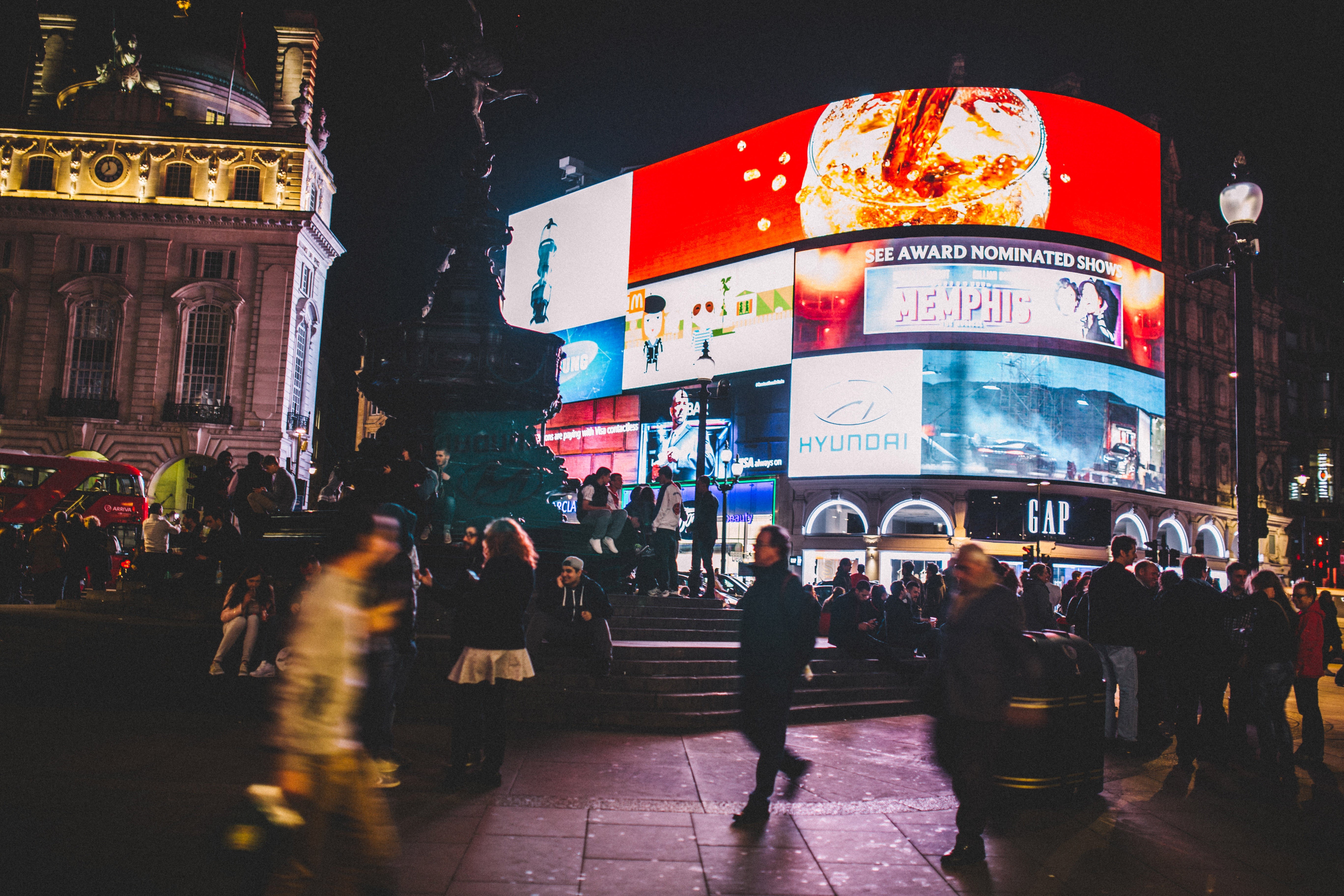 men, surrounded, group, screens, london, dark, urban, adult, motion, busy, city, walking, billboards, nightlife, transportation, city Life, large group of people, HD Wallpaper