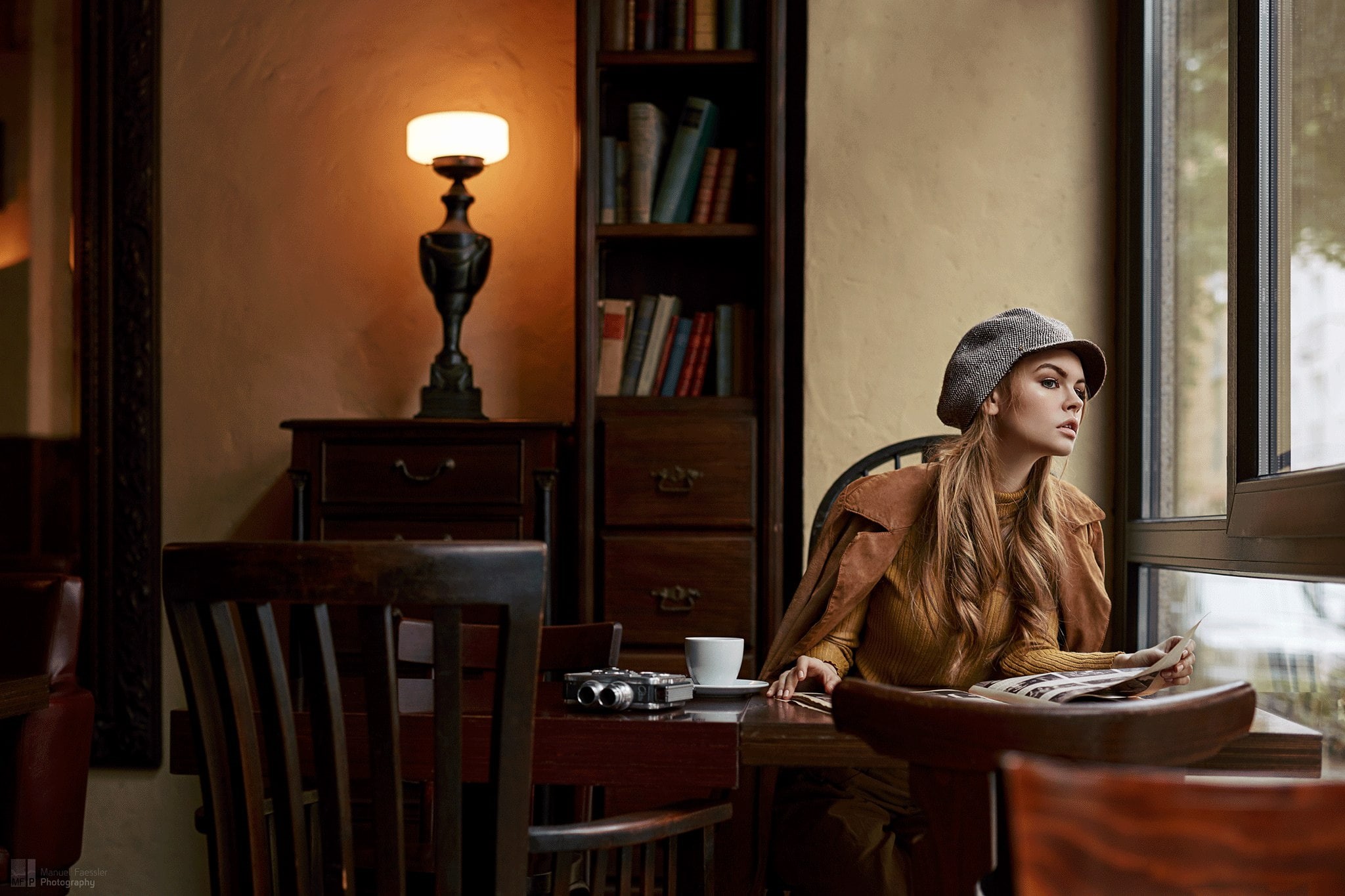 coats, 1080P, table, model, women, Anastasia Scheglova, blonde, looking away, chair, camera, brown coat, portrait, sitting, looking out window, HD Wallpaper