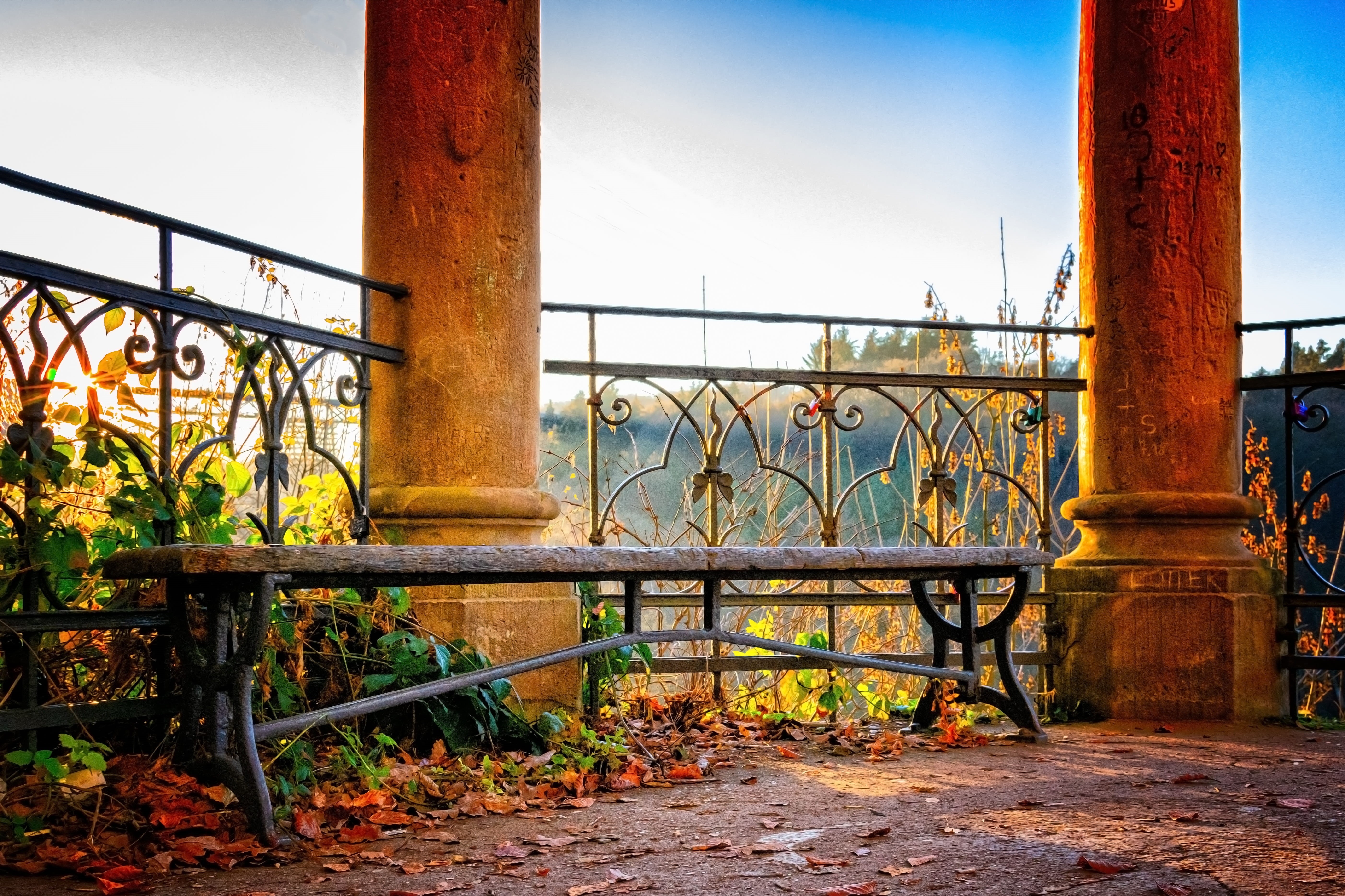 silent, no people, protection, metal, outdoors, 5K, break, graffiti, architecture, bench, gate, sky, built structure, barrier, rest, building exterior, HD Wallpaper