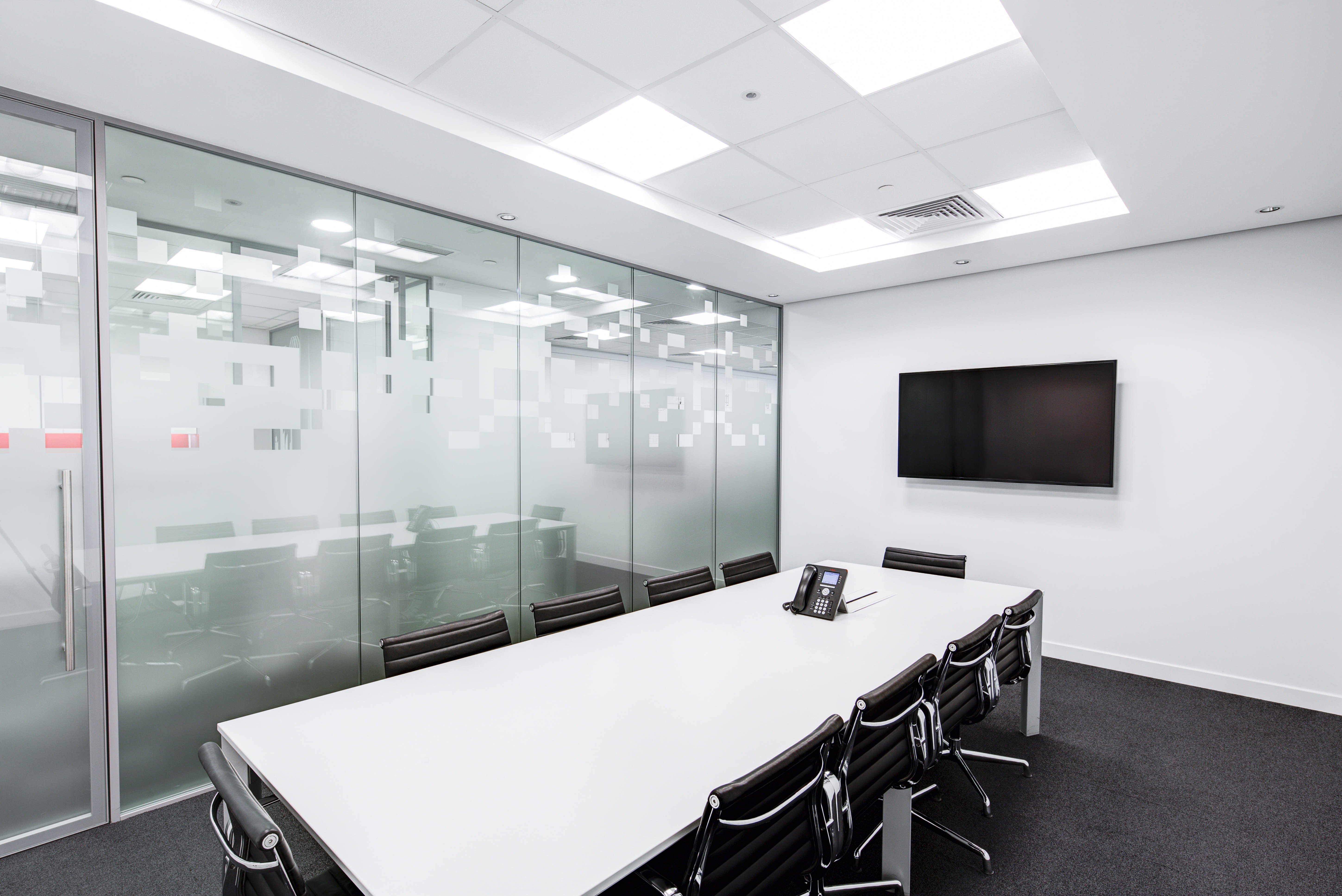furniture, technology, flooring, lighting equipment, modern, desk, television set, inside, interior design, white, 5K, black-and-white, office, chair, HD Wallpaper
