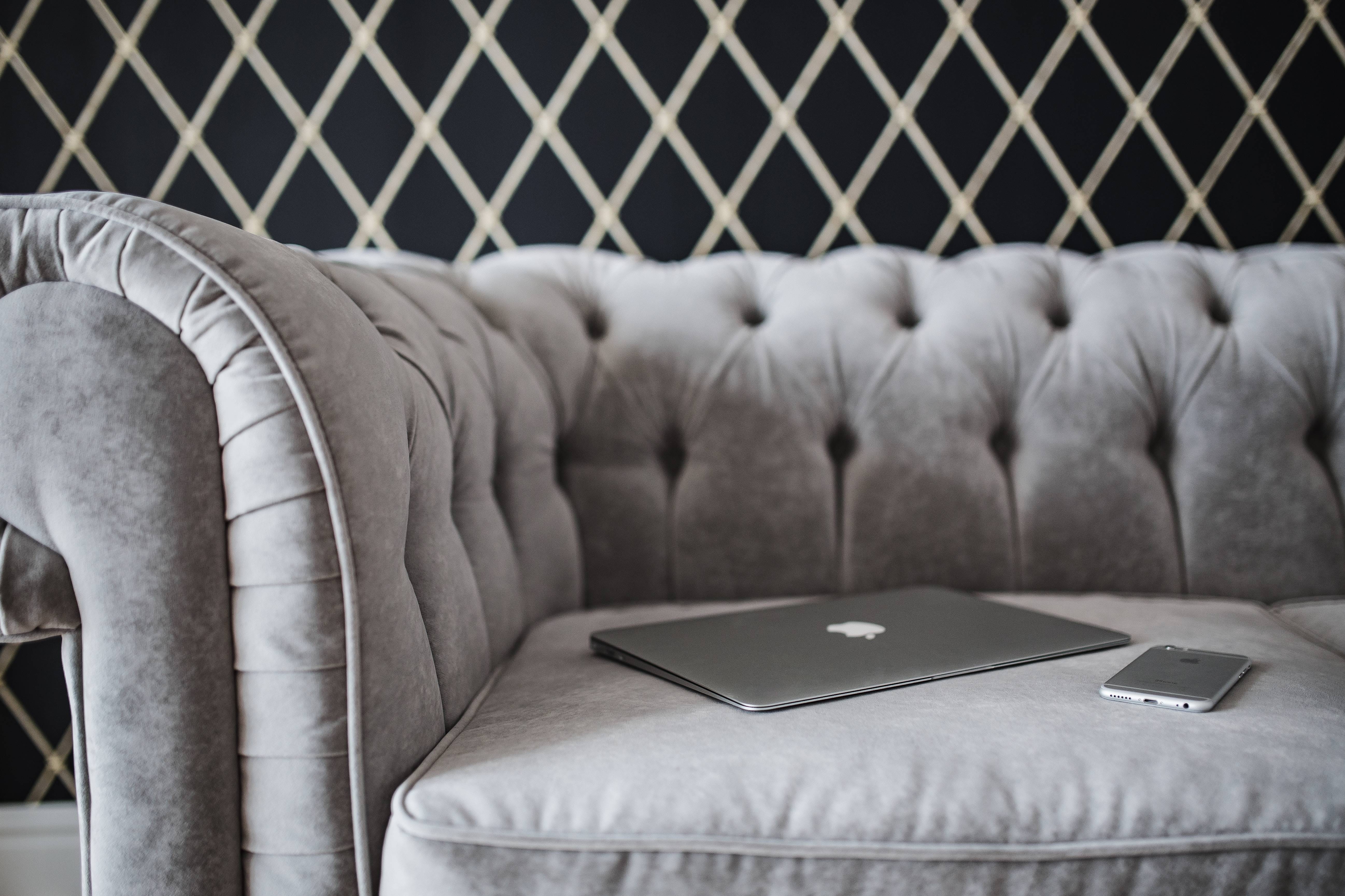 indoors, absence, decor, selective focus, home interior, laptop, fancy, elegance, domestic Room, modern, couch, settee, relaxation, connection, cozy, iPhone, HD Wallpaper