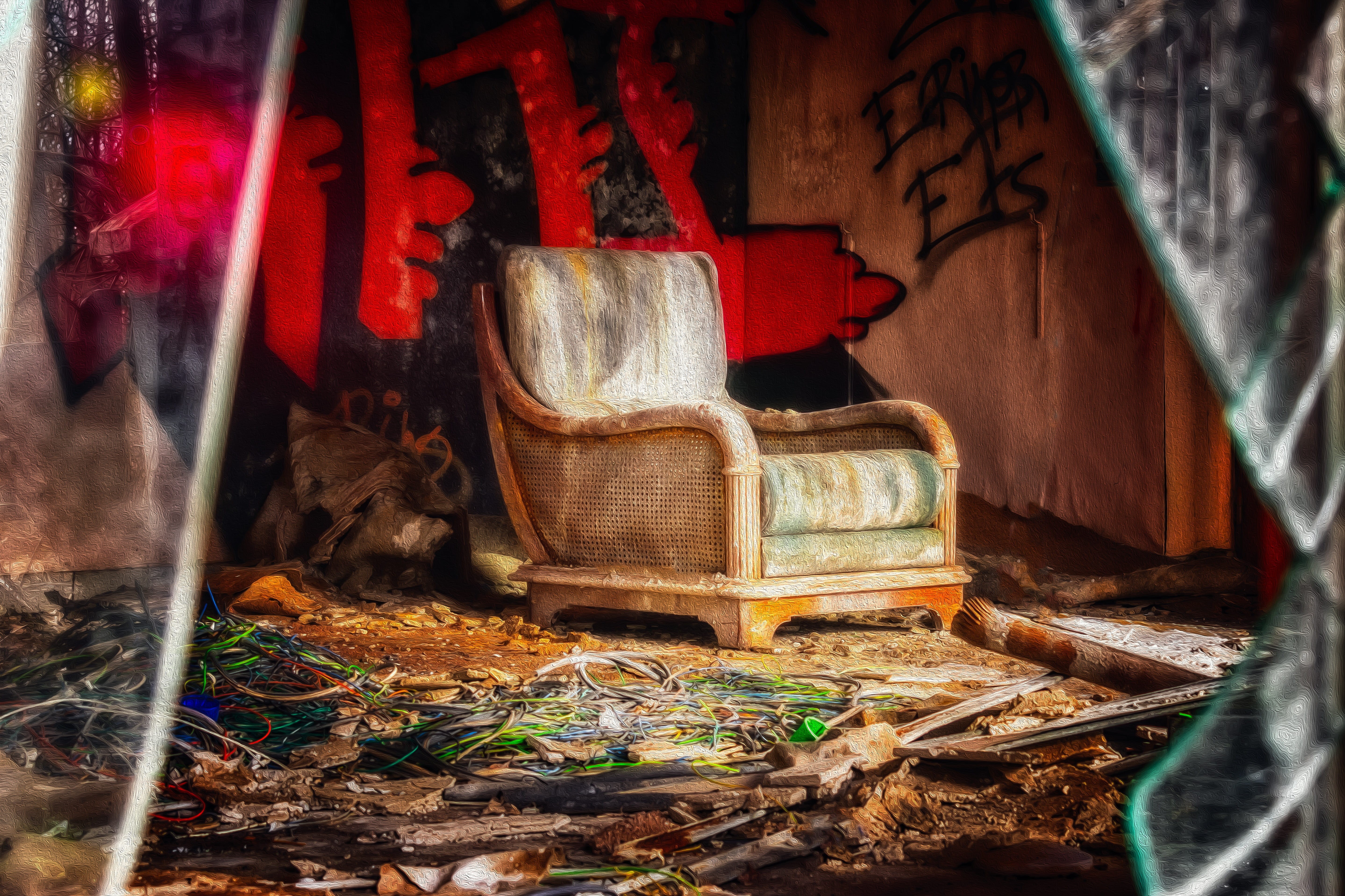 red, old, craft, wood - material, abandoned, outdoors, room, decay, white, space, messy, graffiti, broken, furniture pieces, architecture, day, green, creativity, HD Wallpaper