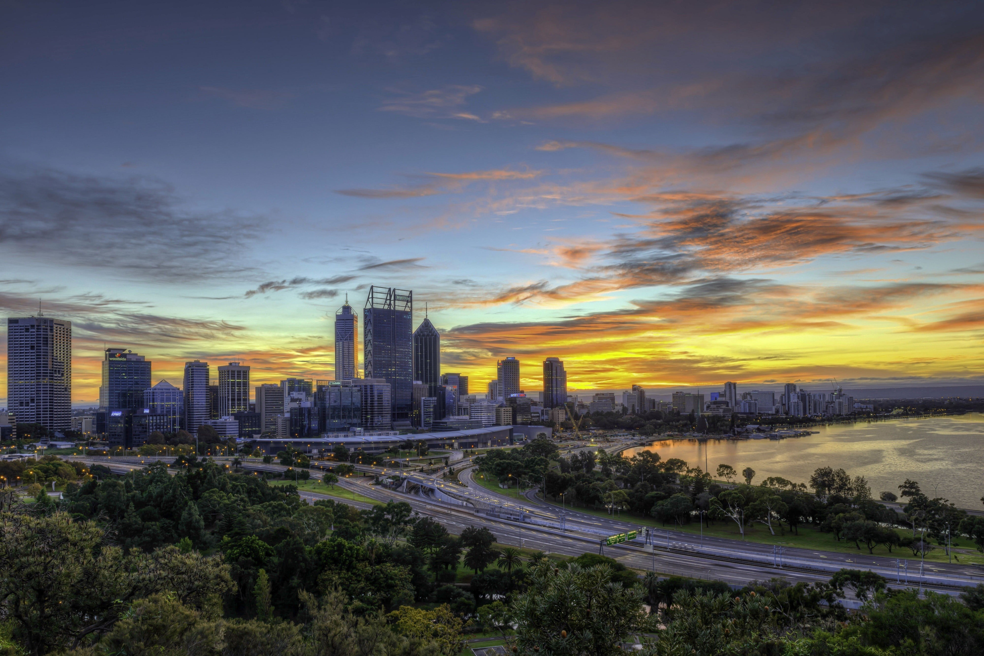 new, nature, york, architecture, built structure, Australia, city, outdoors, building, sunset, landscape, office building exterior, transportation, cloud - sky, HD Wallpaper