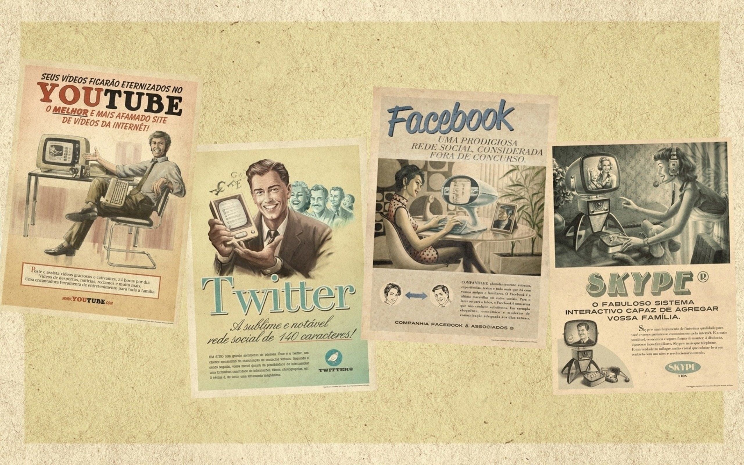 business, four, skype, social media, youtube, time, men, assorted, uSA, old, internet, communication, newspaper, twitter, paper, old-fashioned, posters, HD Wallpaper