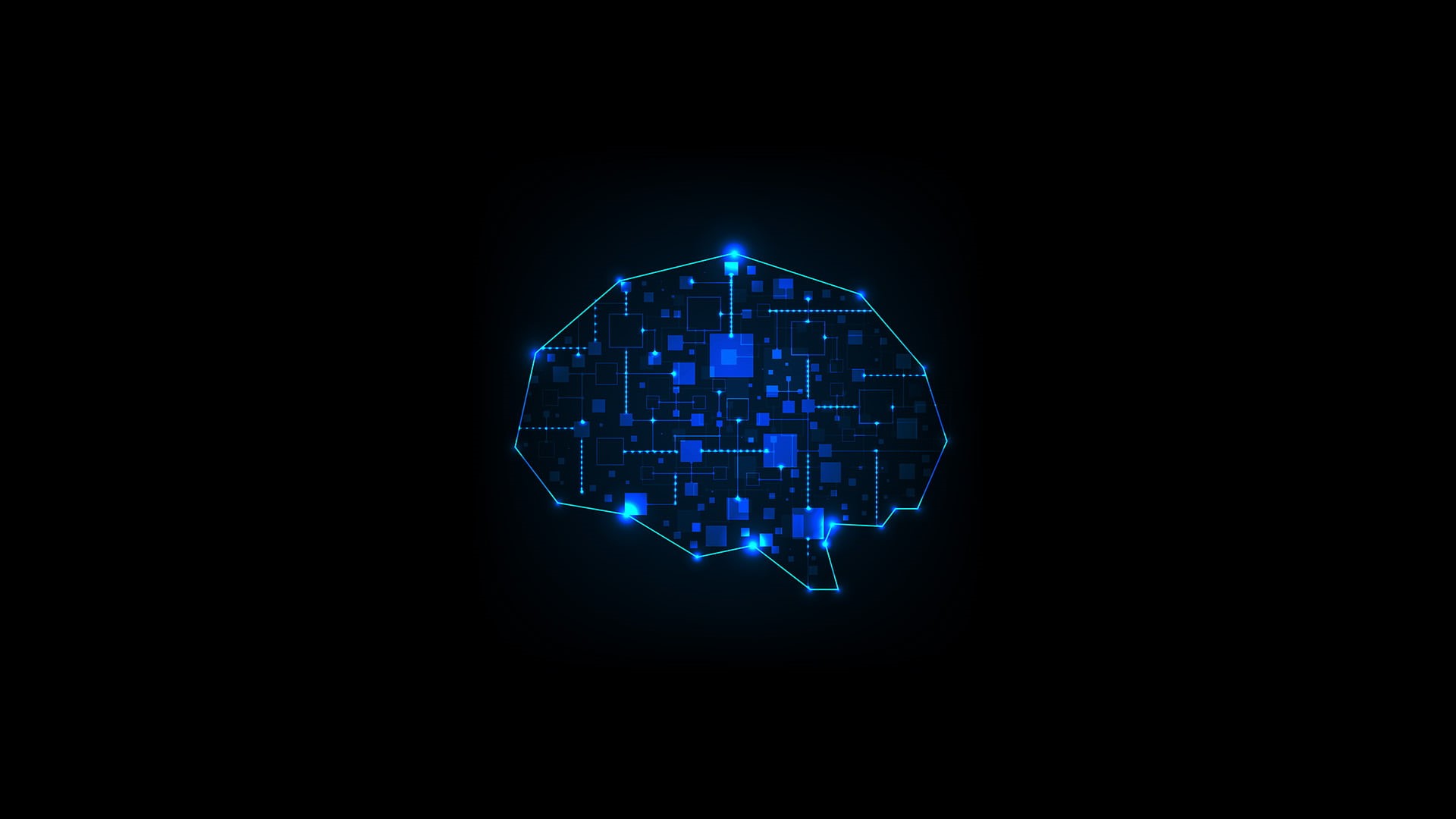 square, black background, glowing, brain, simple, lines, blue, electricity, digital art, 1080P, technology, minimalism, circuit boards, connectivity, HD Wallpaper