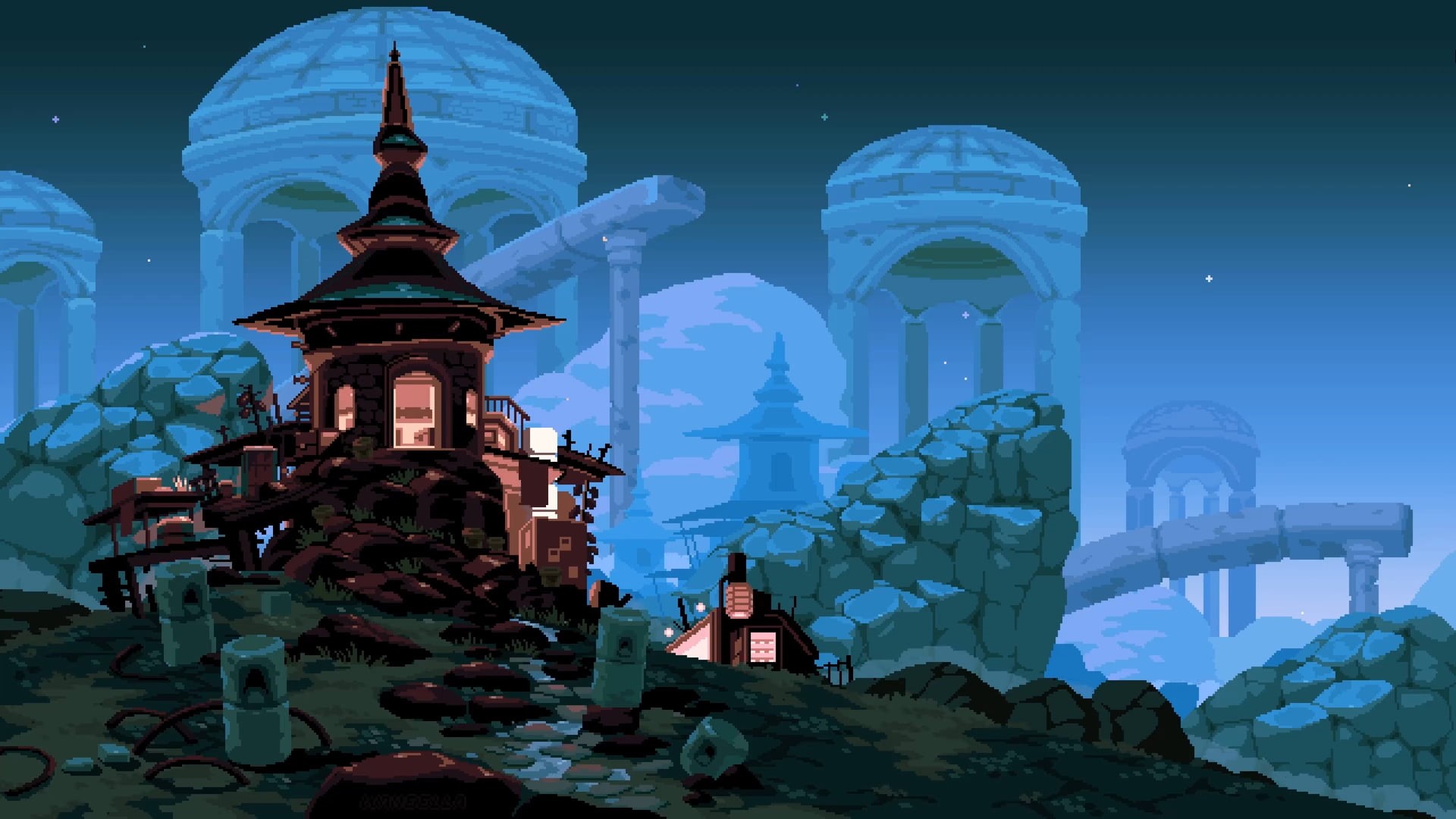 waneella, pixel art, city, 1080P, town, HD Wallpaper